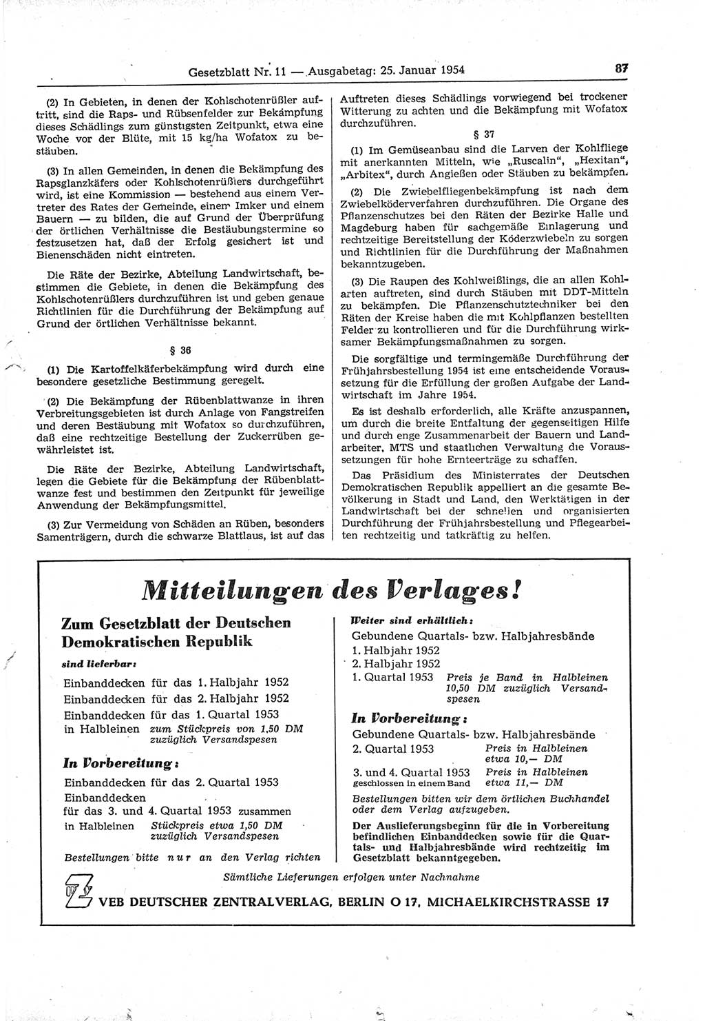 Gesetzblatt (GBl.) der Deutschen Demokratischen Republik (DDR) 1954, Seite 87 (GBl. DDR 1954, S. 87)