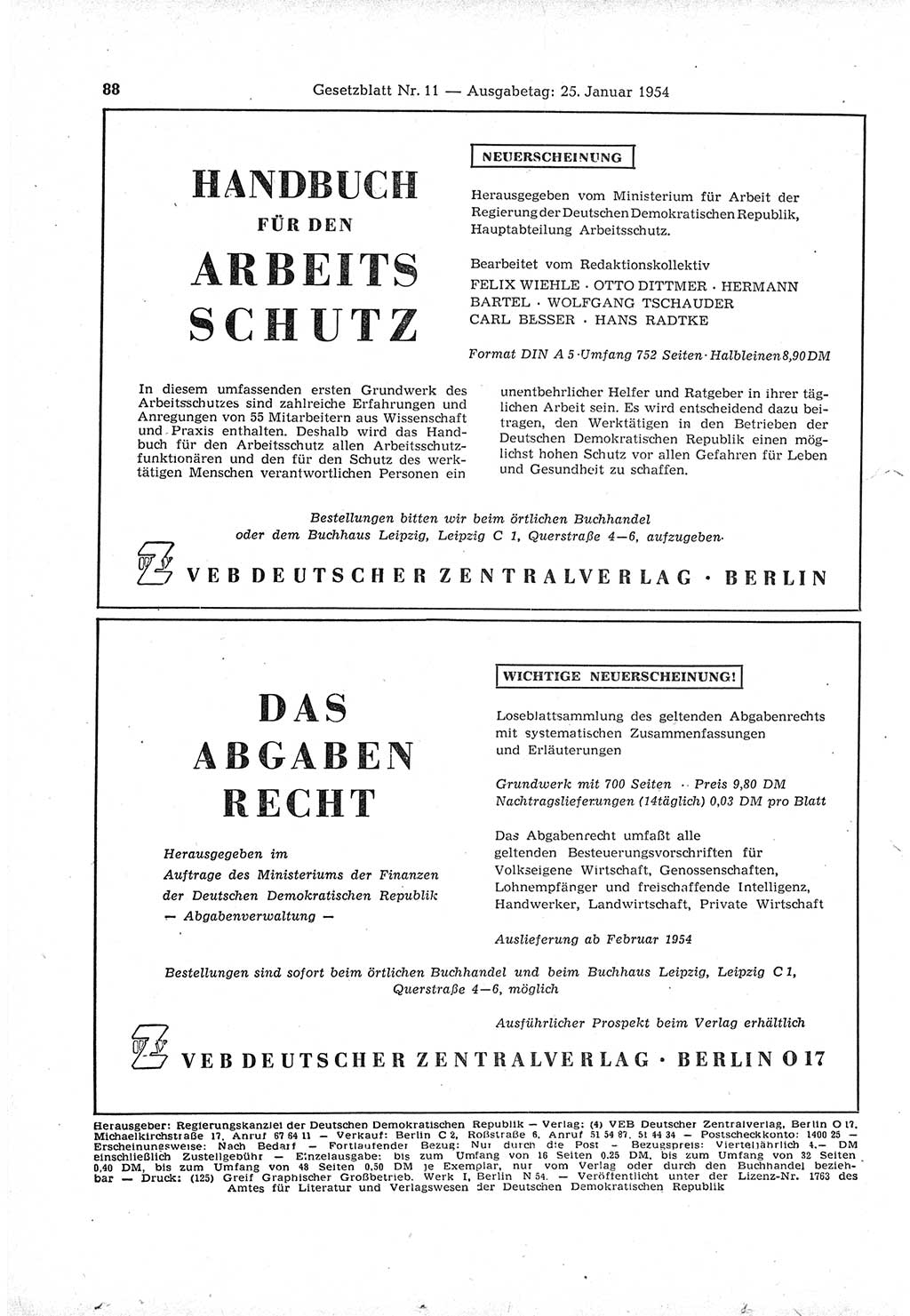Gesetzblatt (GBl.) der Deutschen Demokratischen Republik (DDR) 1954, Seite 88 (GBl. DDR 1954, S. 88)