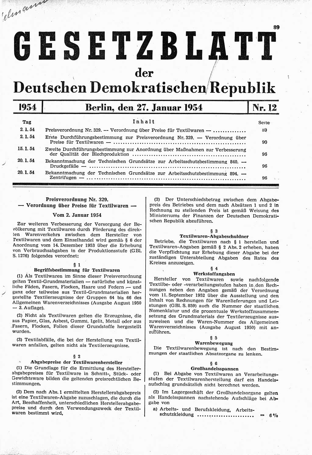 Gesetzblatt (GBl.) der Deutschen Demokratischen Republik (DDR) 1954, Seite 89 (GBl. DDR 1954, S. 89)