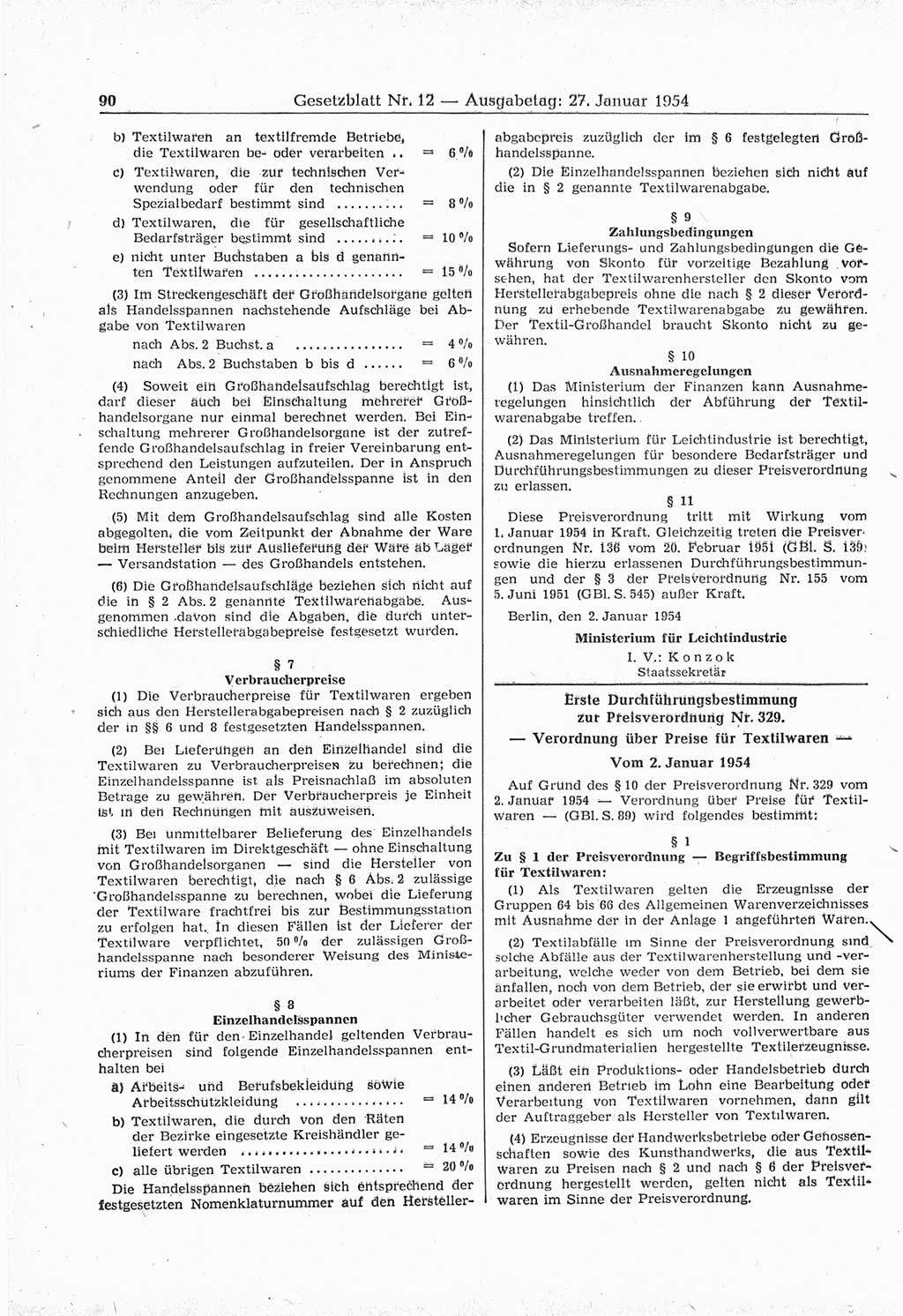 Gesetzblatt (GBl.) der Deutschen Demokratischen Republik (DDR) 1954, Seite 90 (GBl. DDR 1954, S. 90)