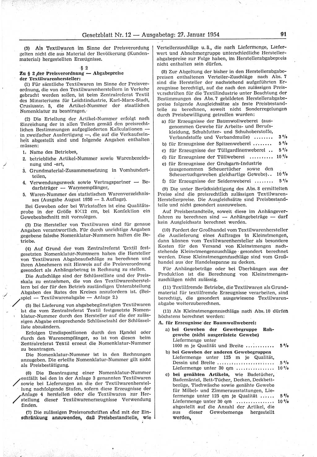 Gesetzblatt (GBl.) der Deutschen Demokratischen Republik (DDR) 1954, Seite 91 (GBl. DDR 1954, S. 91)