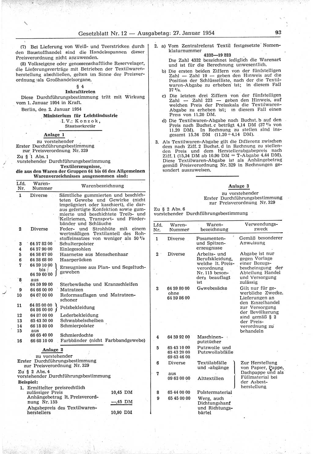 Gesetzblatt (GBl.) der Deutschen Demokratischen Republik (DDR) 1954, Seite 93 (GBl. DDR 1954, S. 93)