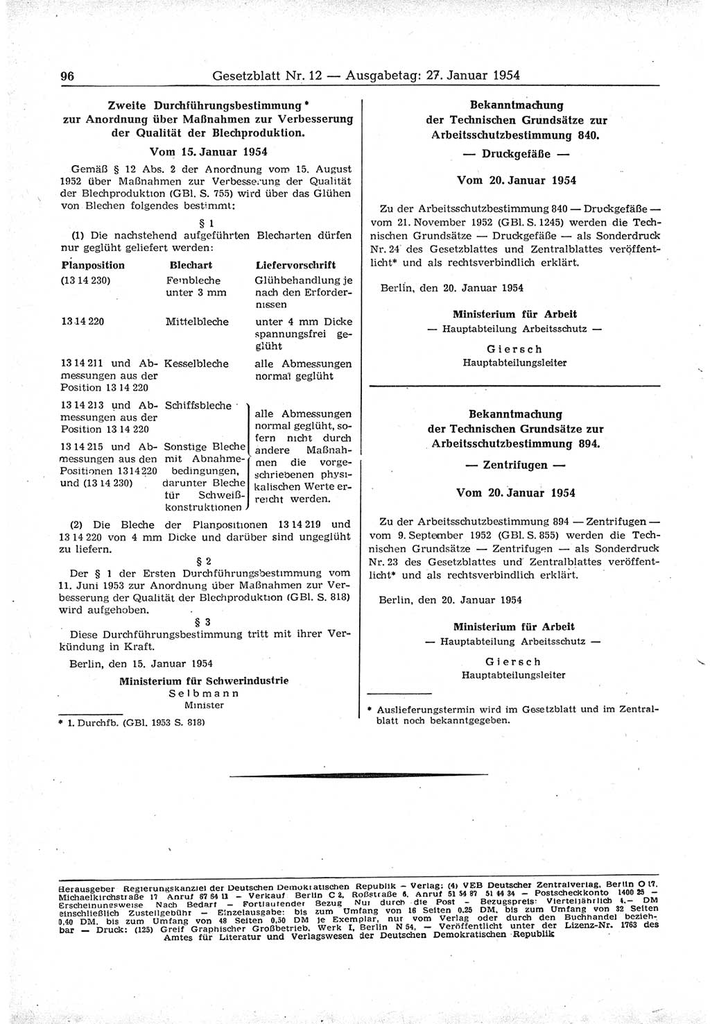 Gesetzblatt (GBl.) der Deutschen Demokratischen Republik (DDR) 1954, Seite 96 (GBl. DDR 1954, S. 96)