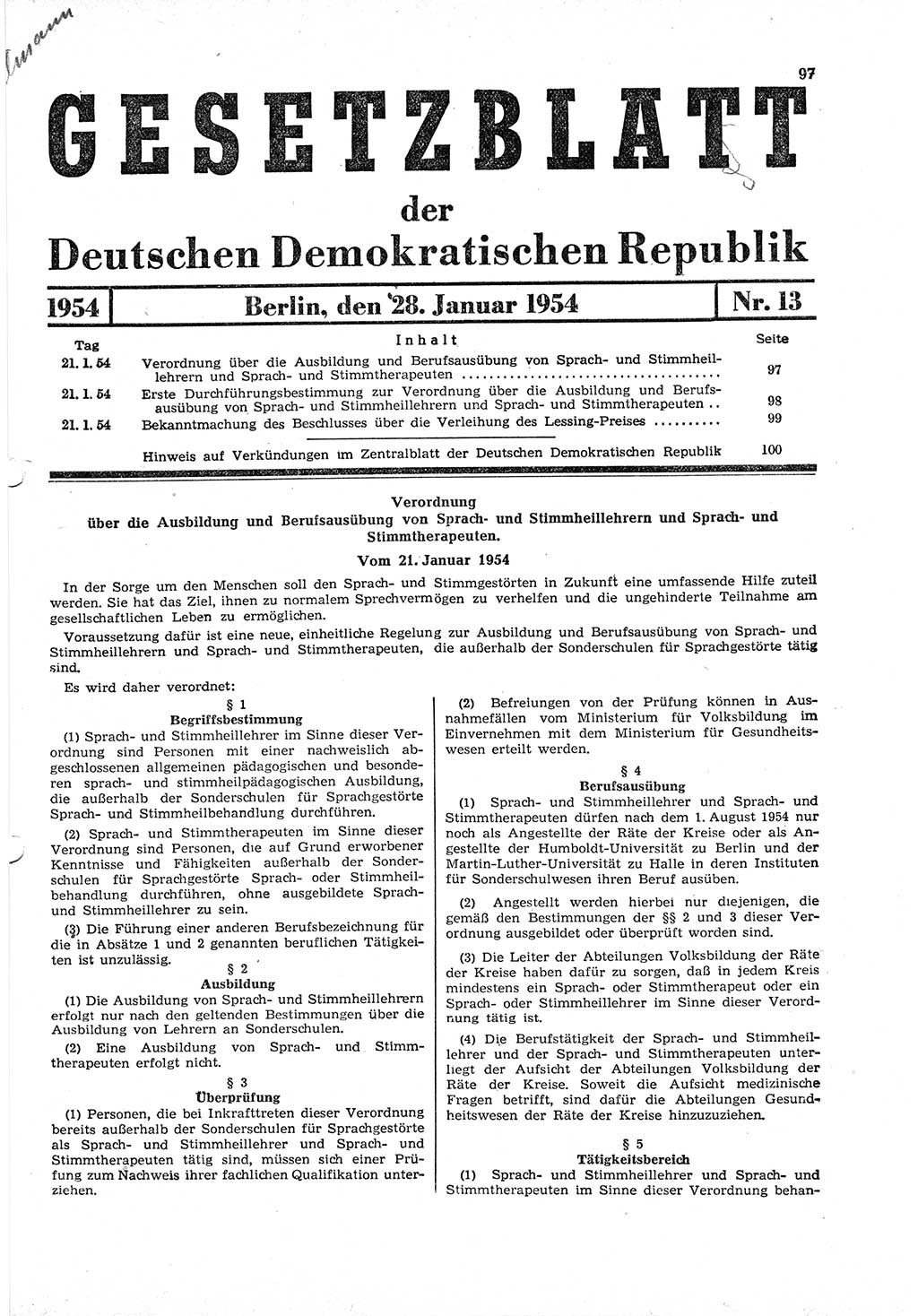 Gesetzblatt (GBl.) der Deutschen Demokratischen Republik (DDR) 1954, Seite 97 (GBl. DDR 1954, S. 97)