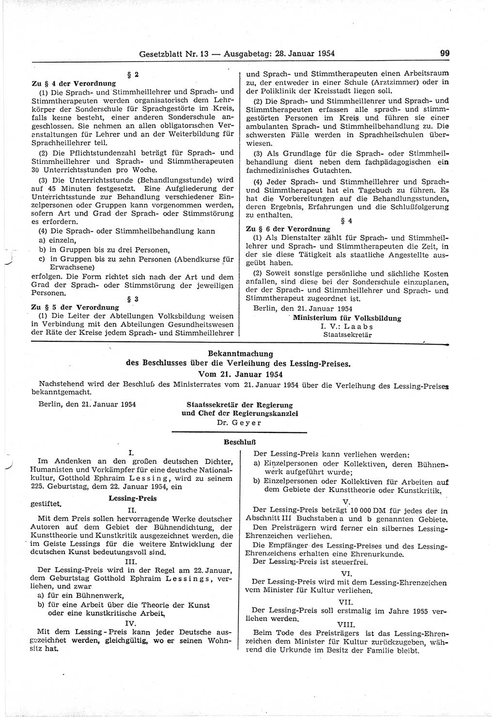 Gesetzblatt (GBl.) der Deutschen Demokratischen Republik (DDR) 1954, Seite 99 (GBl. DDR 1954, S. 99)