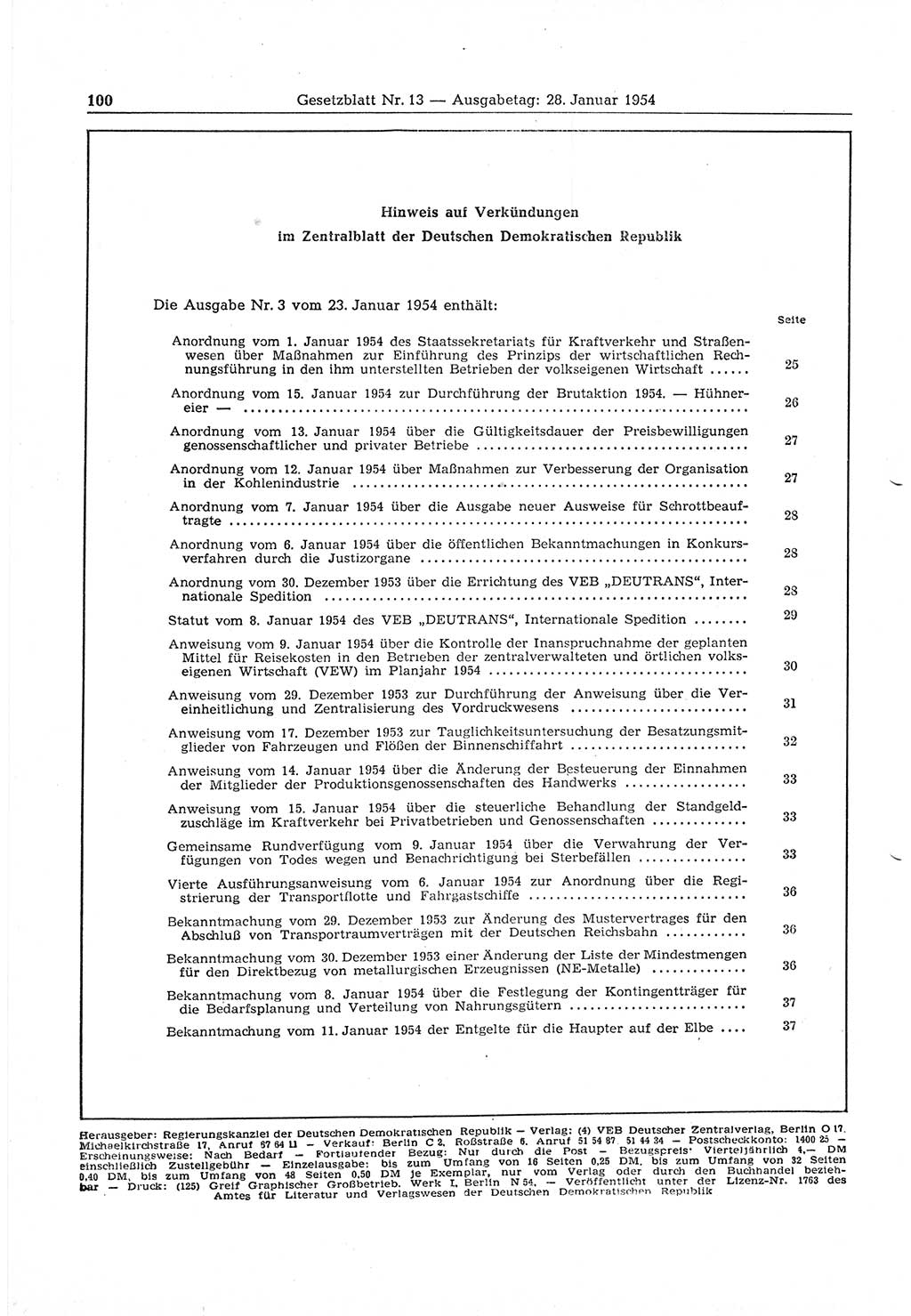 Gesetzblatt (GBl.) der Deutschen Demokratischen Republik (DDR) 1954, Seite 100 (GBl. DDR 1954, S. 100)