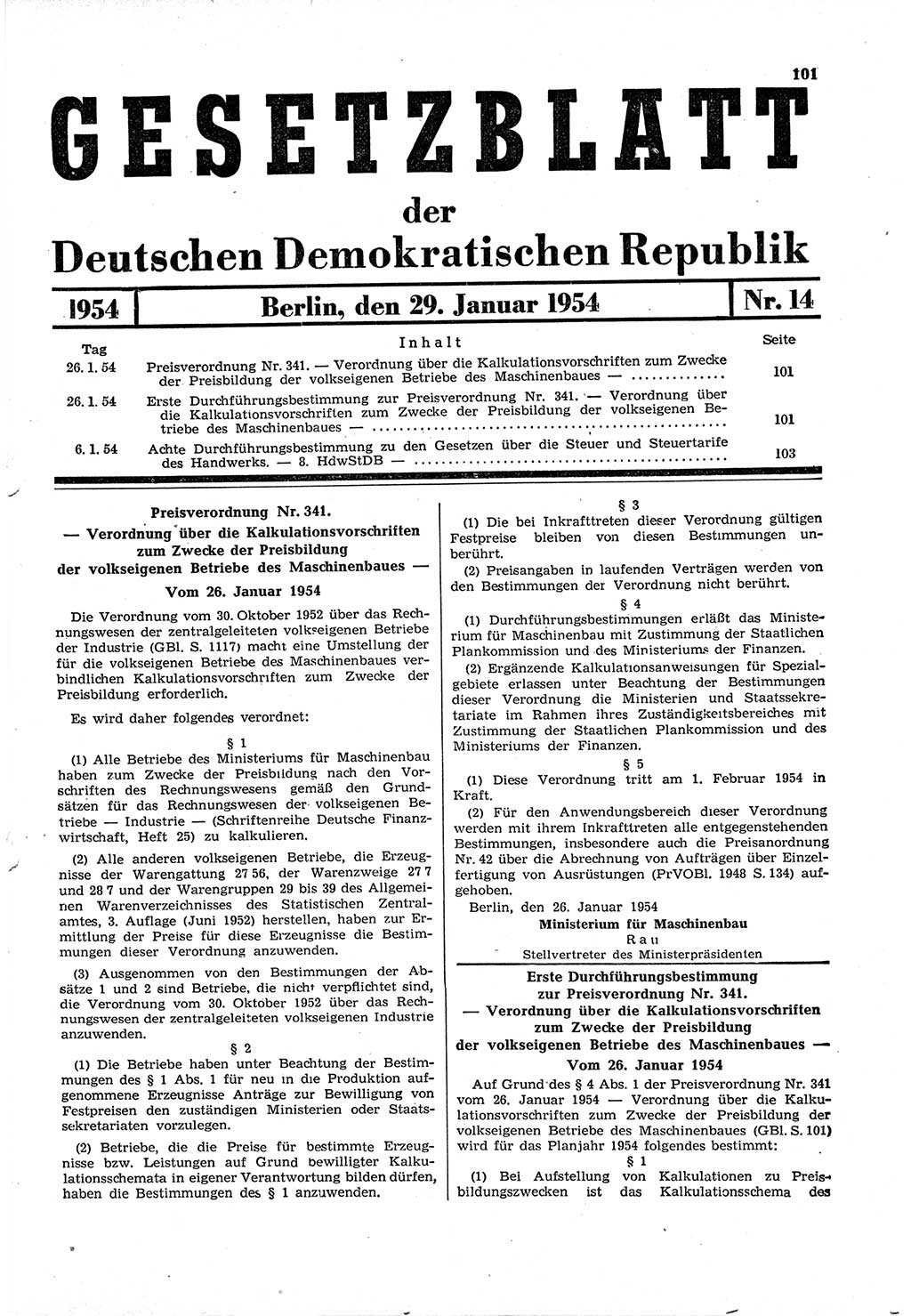 Gesetzblatt (GBl.) der Deutschen Demokratischen Republik (DDR) 1954, Seite 101 (GBl. DDR 1954, S. 101)