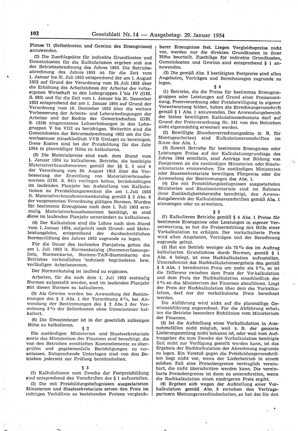 Gesetzblatt (GBl.) der Deutschen Demokratischen Republik (DDR) 1954, Seite 102 (GBl. DDR 1954, S. 102)