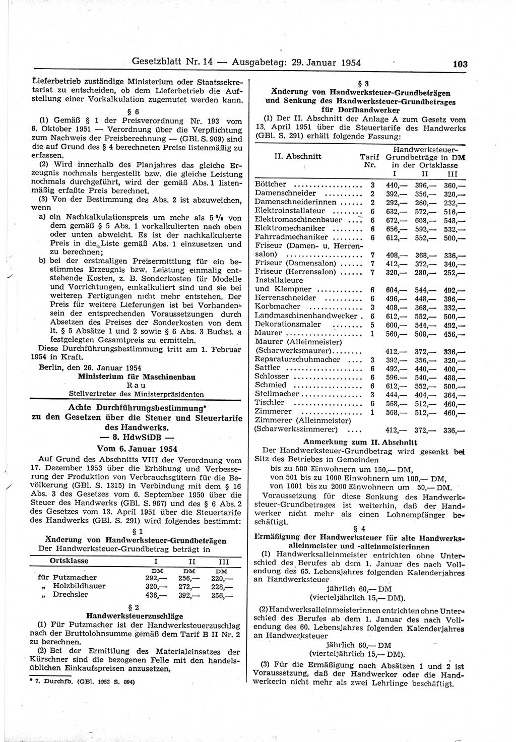 Gesetzblatt (GBl.) der Deutschen Demokratischen Republik (DDR) 1954, Seite 103 (GBl. DDR 1954, S. 103)