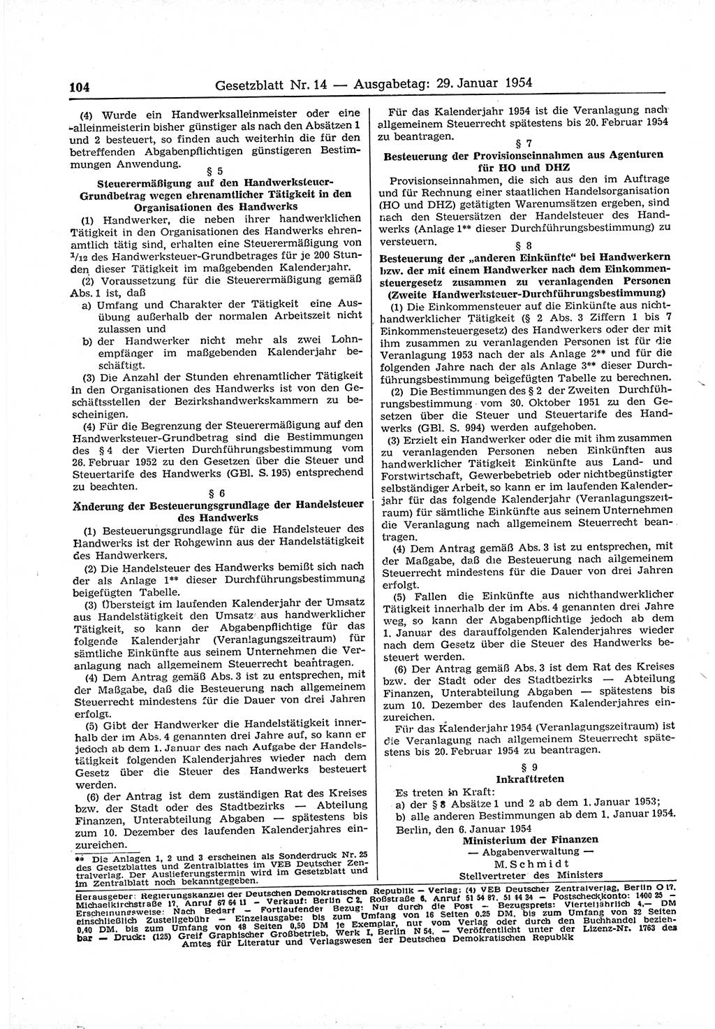 Gesetzblatt (GBl.) der Deutschen Demokratischen Republik (DDR) 1954, Seite 104 (GBl. DDR 1954, S. 104)