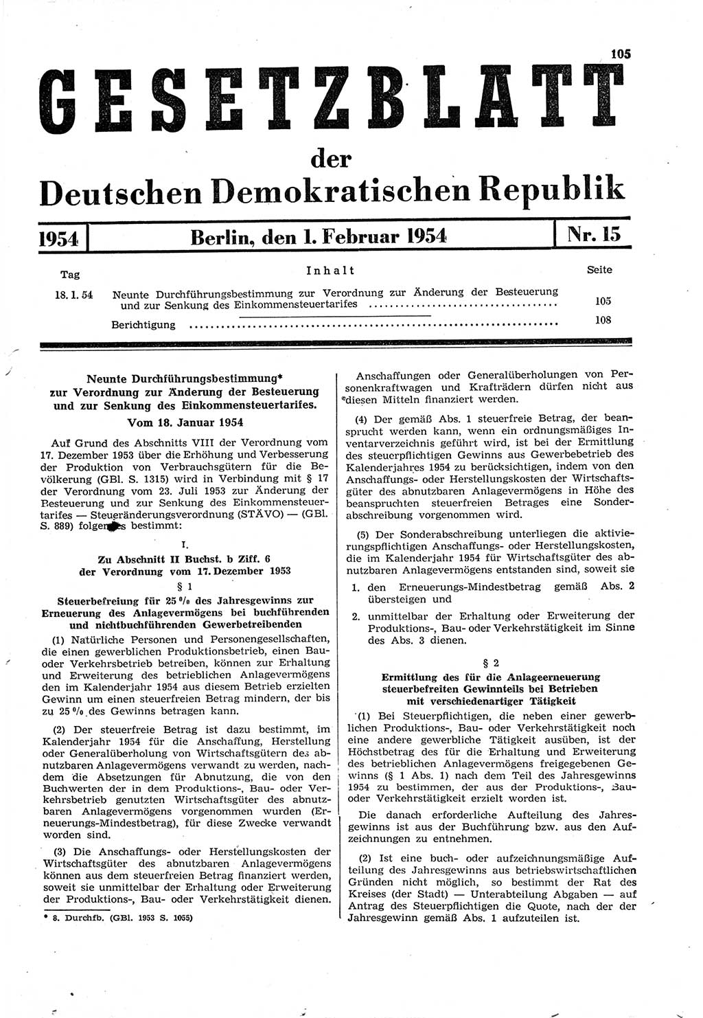 Gesetzblatt (GBl.) der Deutschen Demokratischen Republik (DDR) 1954, Seite 105 (GBl. DDR 1954, S. 105)