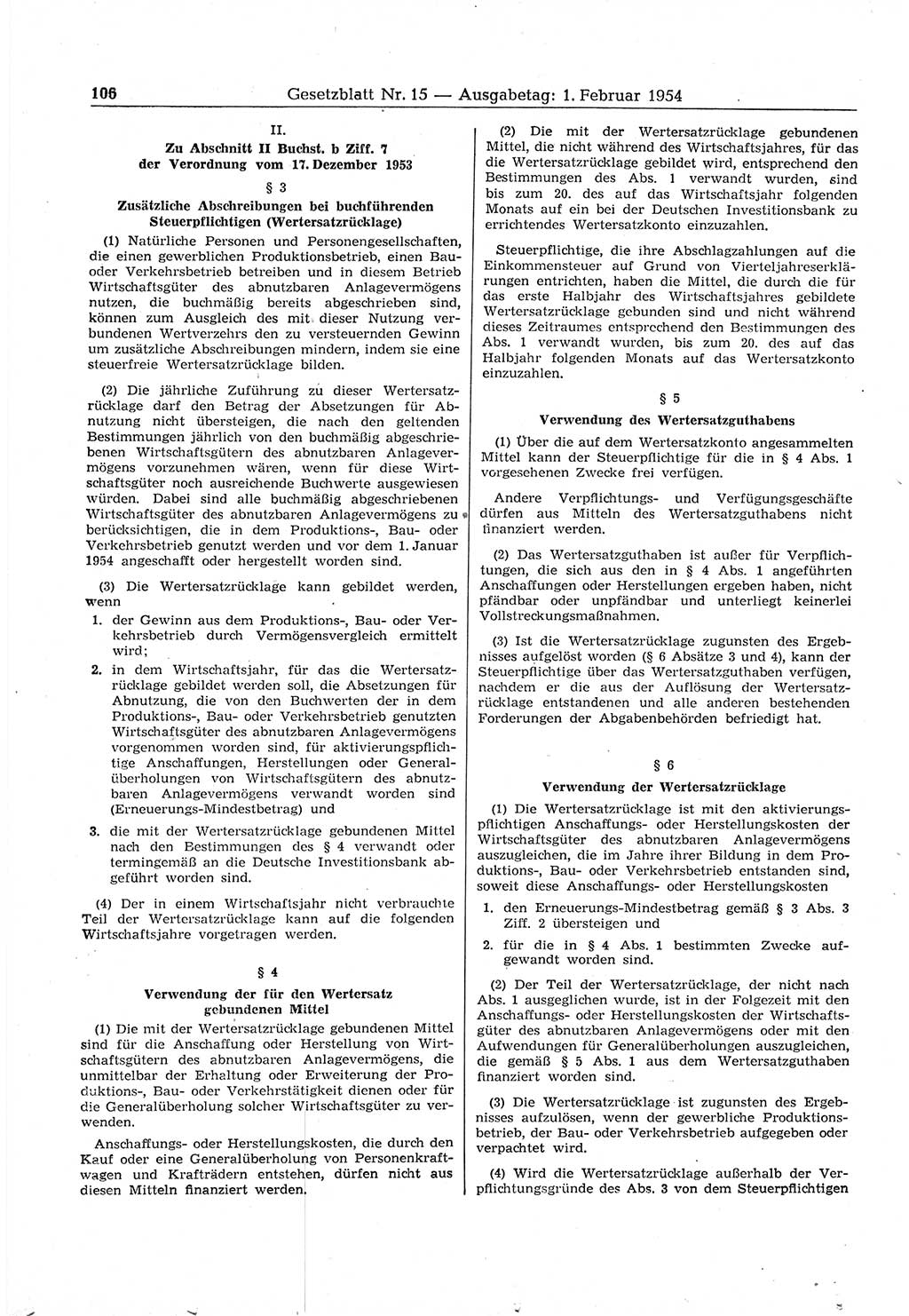 Gesetzblatt (GBl.) der Deutschen Demokratischen Republik (DDR) 1954, Seite 106 (GBl. DDR 1954, S. 106)