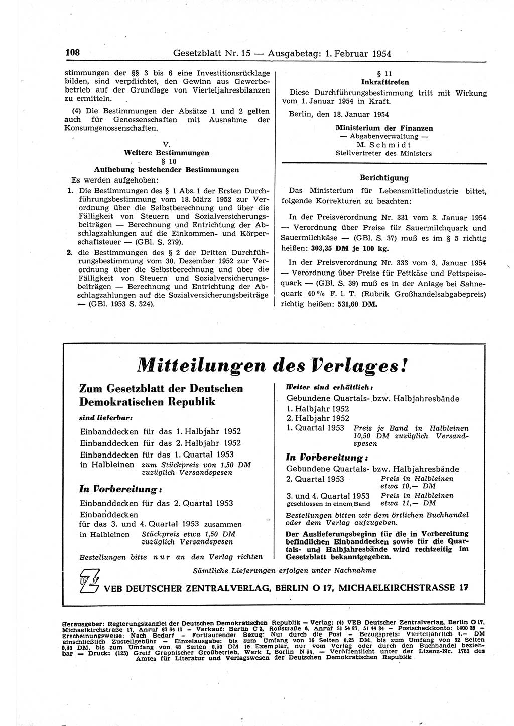 Gesetzblatt (GBl.) der Deutschen Demokratischen Republik (DDR) 1954, Seite 108 (GBl. DDR 1954, S. 108)