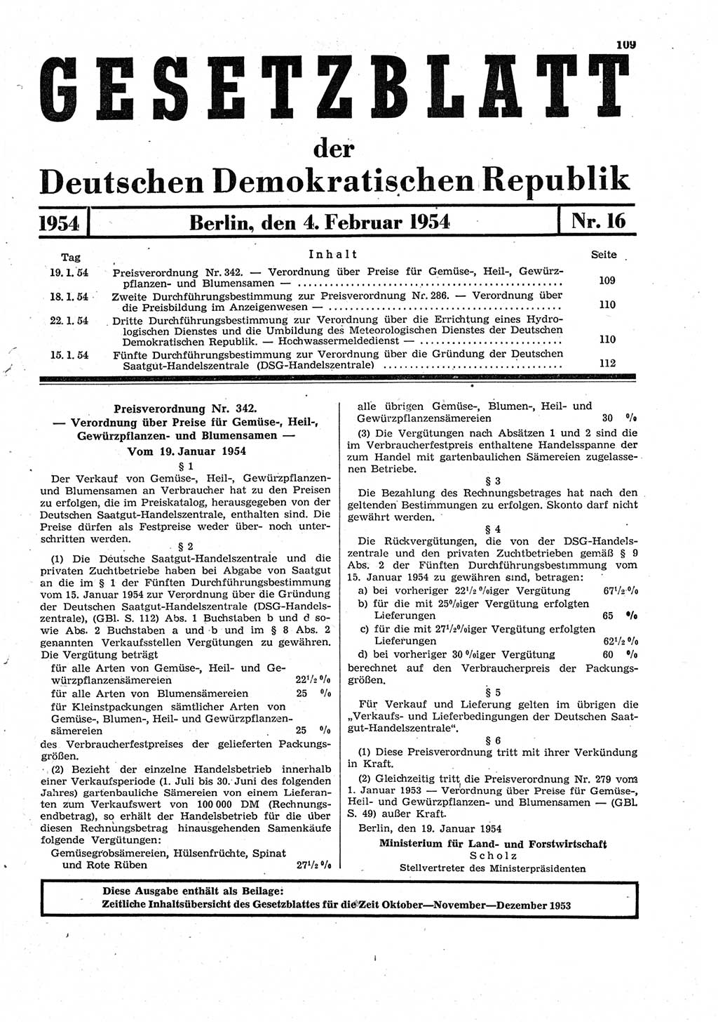 Gesetzblatt (GBl.) der Deutschen Demokratischen Republik (DDR) 1954, Seite 109 (GBl. DDR 1954, S. 109)