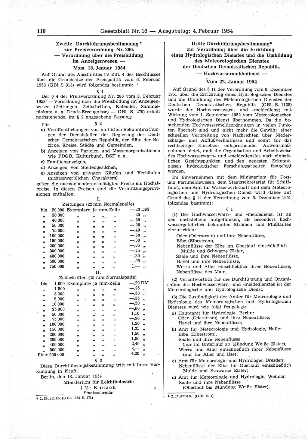 Gesetzblatt (GBl.) der Deutschen Demokratischen Republik (DDR) 1954, Seite 110 (GBl. DDR 1954, S. 110)