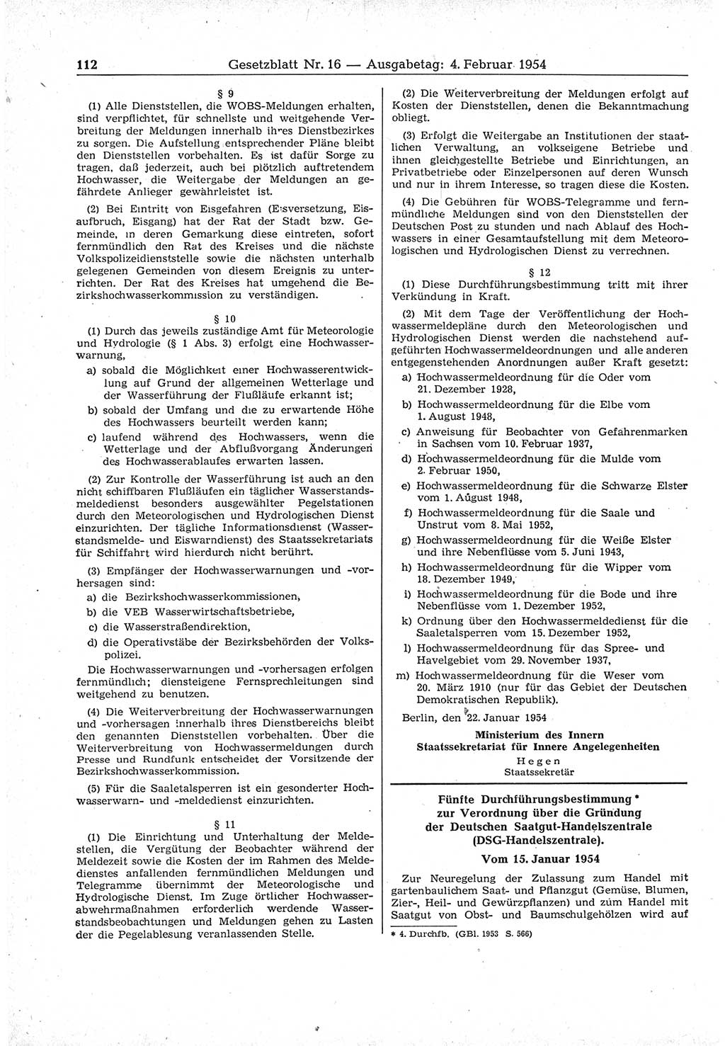 Gesetzblatt (GBl.) der Deutschen Demokratischen Republik (DDR) 1954, Seite 112 (GBl. DDR 1954, S. 112)