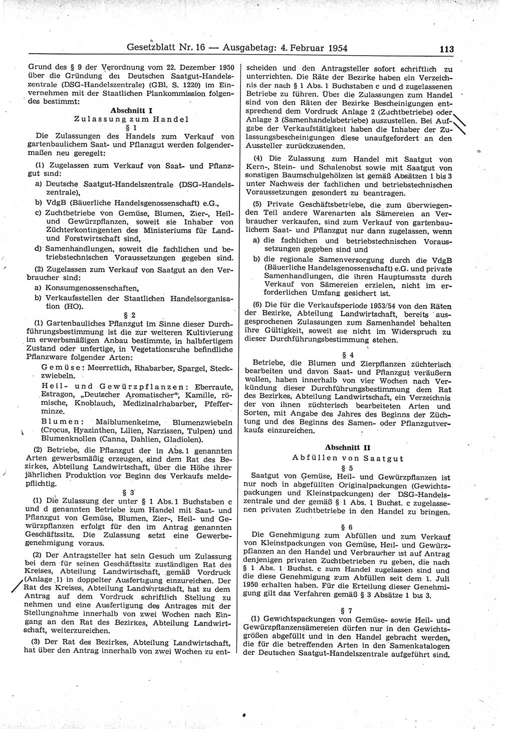 Gesetzblatt (GBl.) der Deutschen Demokratischen Republik (DDR) 1954, Seite 113 (GBl. DDR 1954, S. 113)