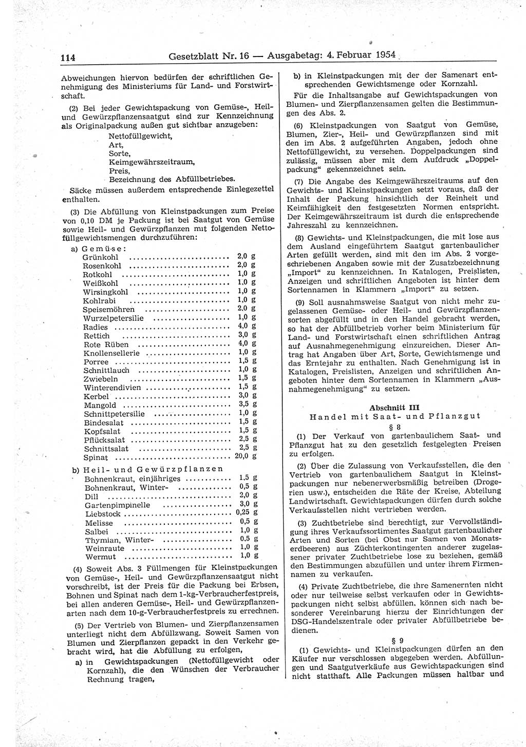 Gesetzblatt (GBl.) der Deutschen Demokratischen Republik (DDR) 1954, Seite 114 (GBl. DDR 1954, S. 114)
