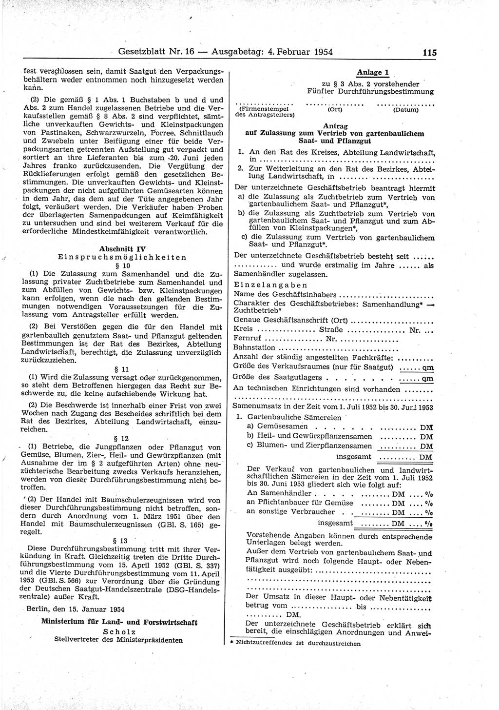 Gesetzblatt (GBl.) der Deutschen Demokratischen Republik (DDR) 1954, Seite 115 (GBl. DDR 1954, S. 115)