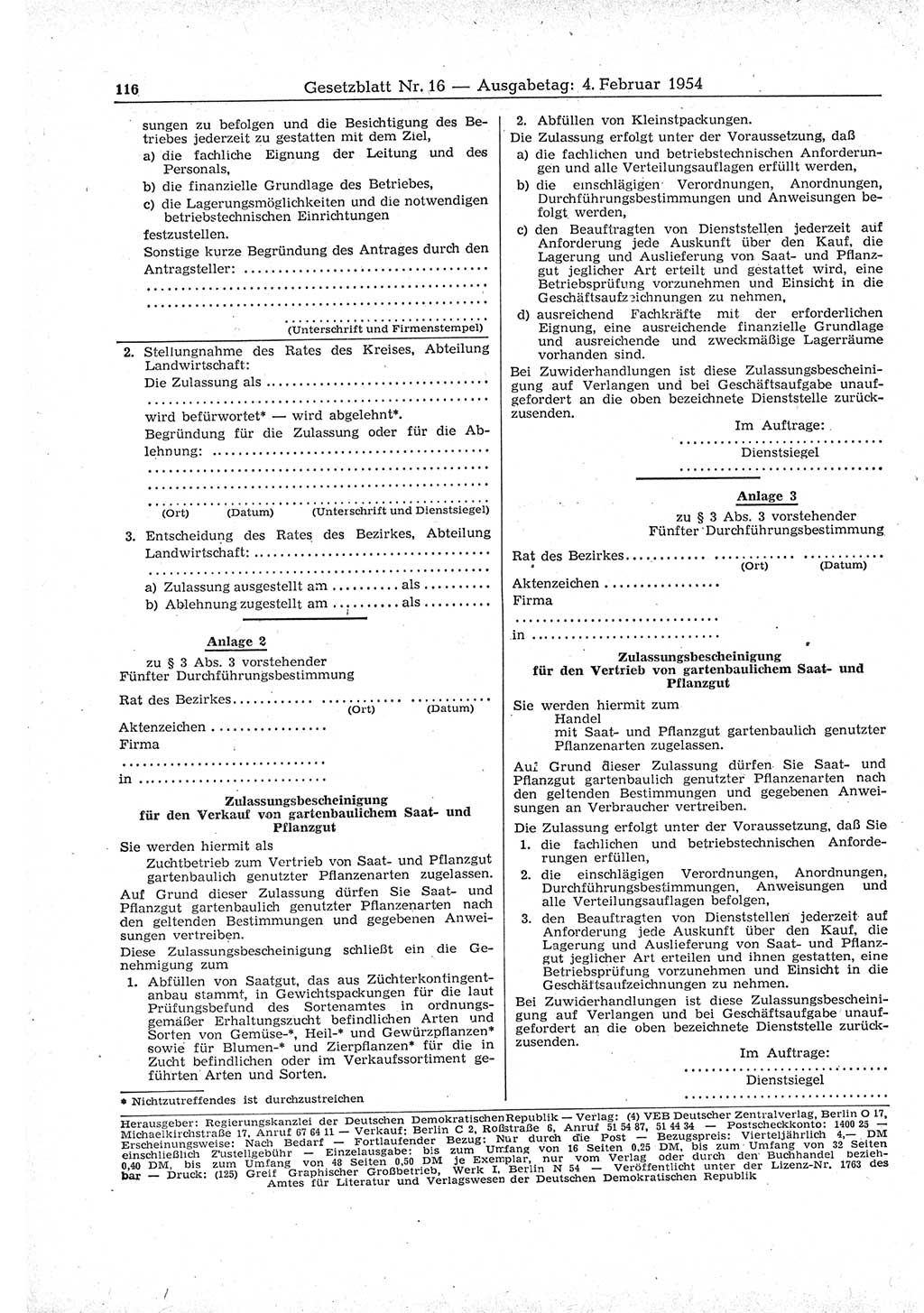 Gesetzblatt (GBl.) der Deutschen Demokratischen Republik (DDR) 1954, Seite 116 (GBl. DDR 1954, S. 116)