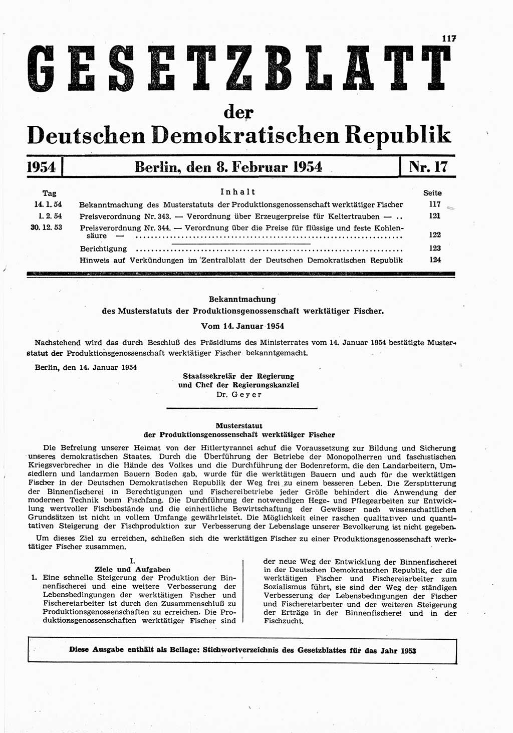 Gesetzblatt (GBl.) der Deutschen Demokratischen Republik (DDR) 1954, Seite 117 (GBl. DDR 1954, S. 117)