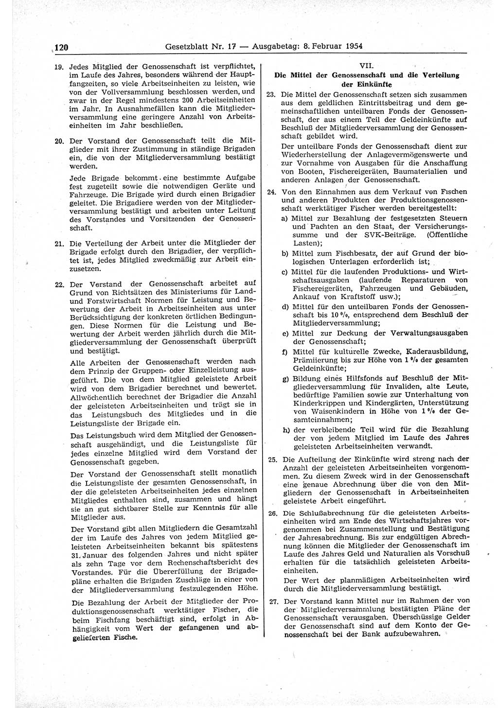 Gesetzblatt (GBl.) der Deutschen Demokratischen Republik (DDR) 1954, Seite 120 (GBl. DDR 1954, S. 120)
