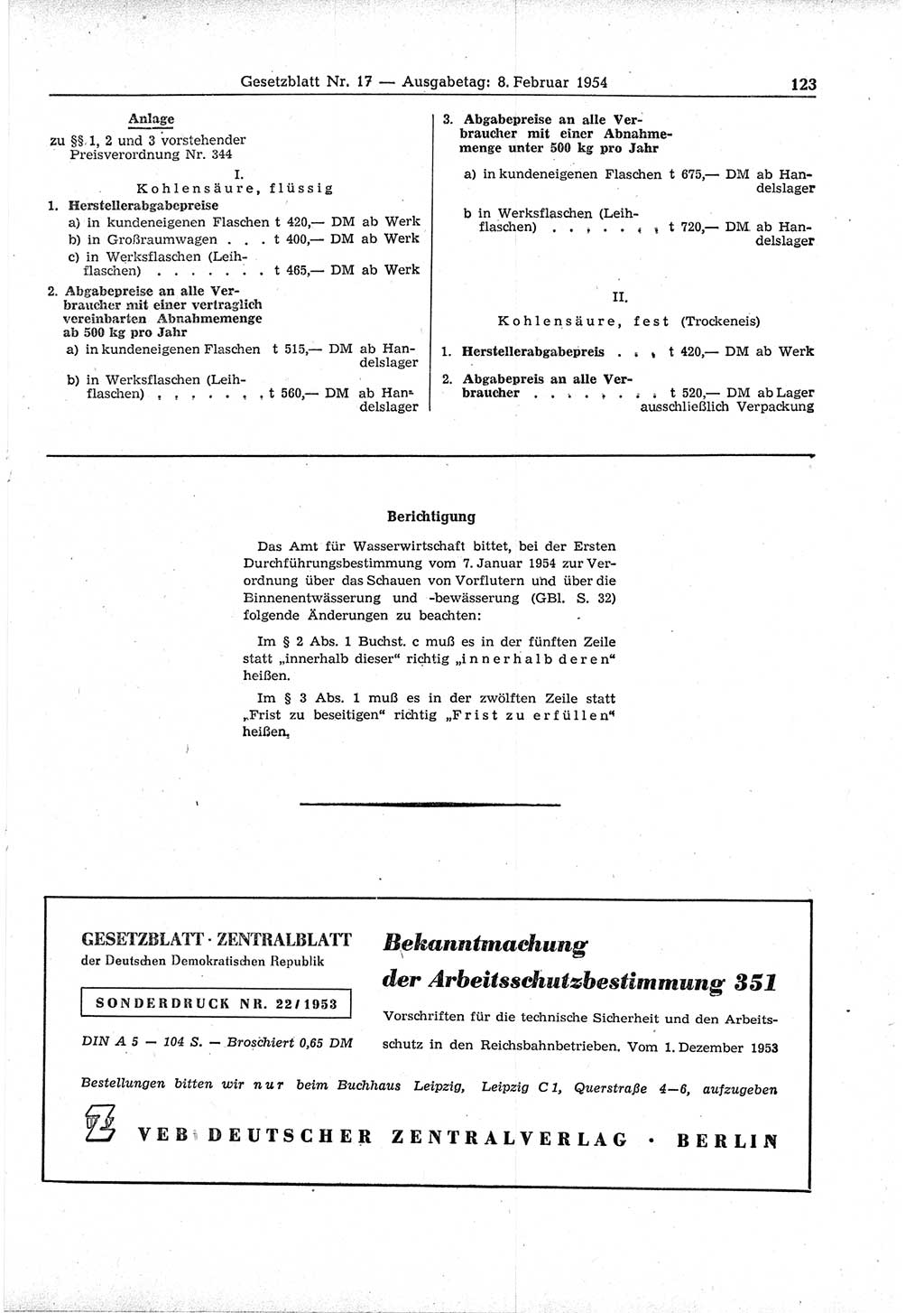 Gesetzblatt (GBl.) der Deutschen Demokratischen Republik (DDR) 1954, Seite 123 (GBl. DDR 1954, S. 123)