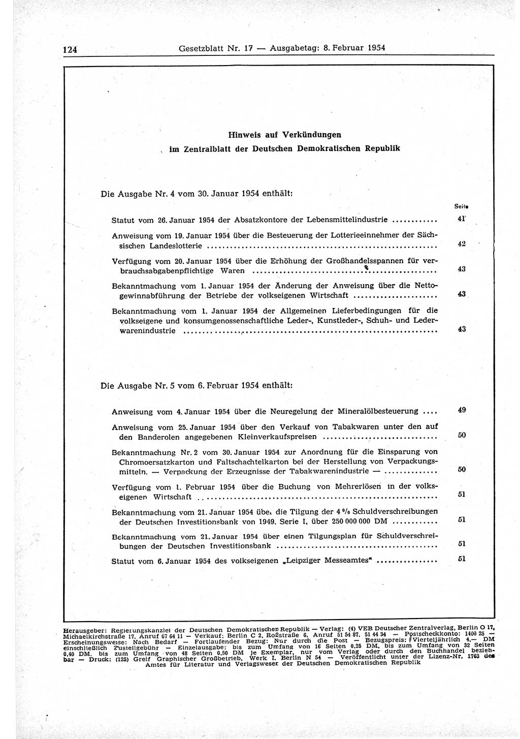 Gesetzblatt (GBl.) der Deutschen Demokratischen Republik (DDR) 1954, Seite 124 (GBl. DDR 1954, S. 124)