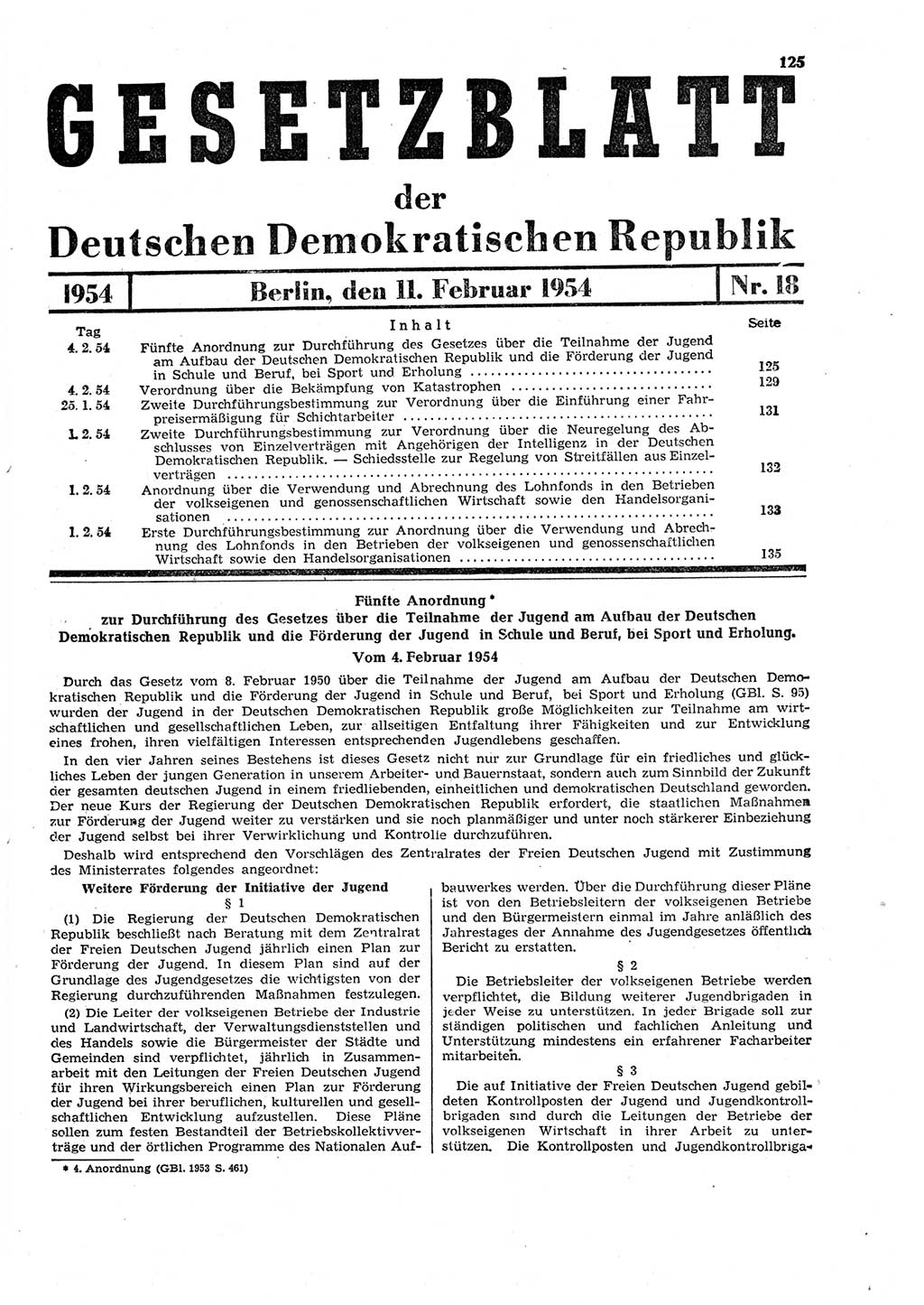 Gesetzblatt (GBl.) der Deutschen Demokratischen Republik (DDR) 1954, Seite 125 (GBl. DDR 1954, S. 125)