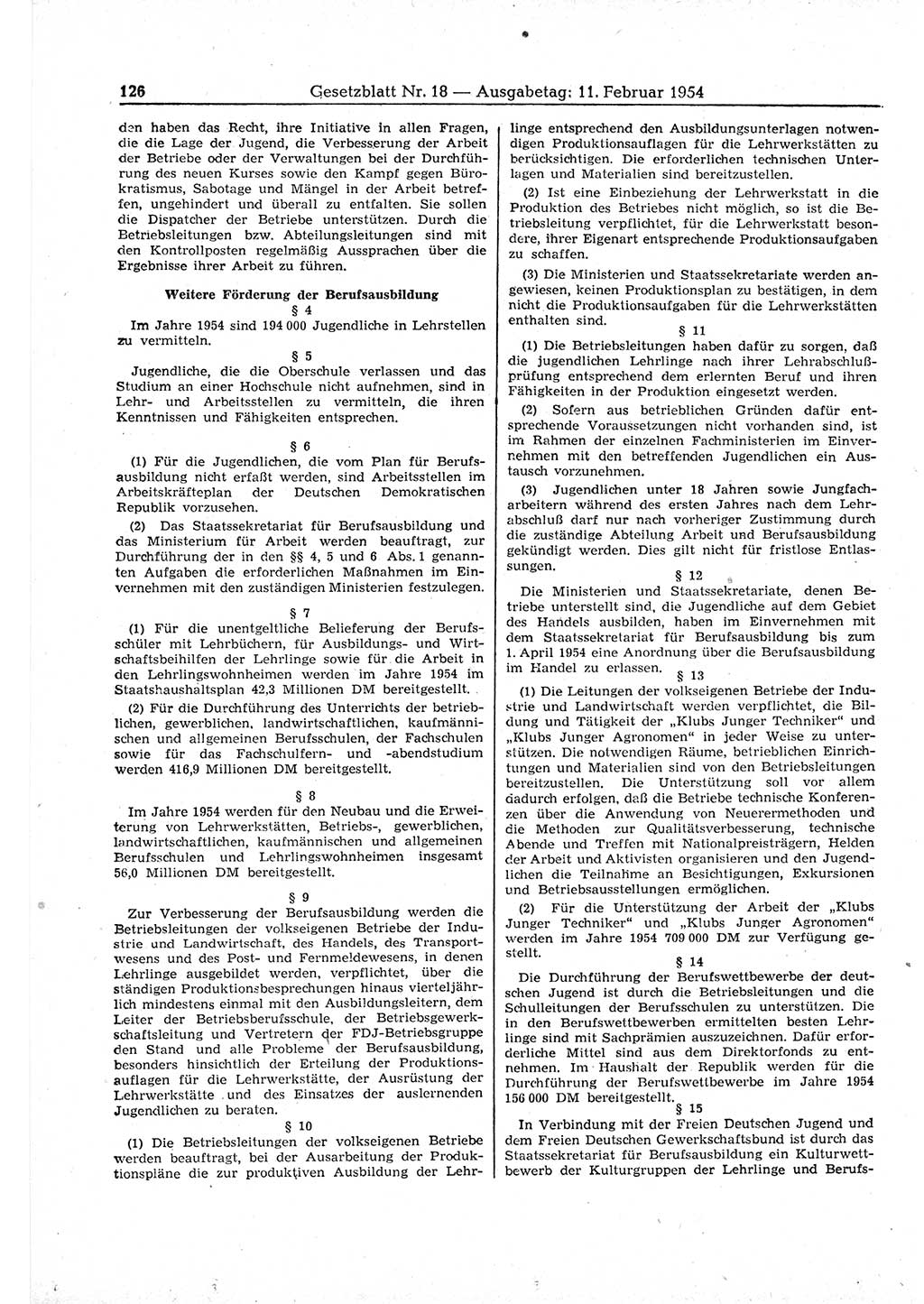 Gesetzblatt (GBl.) der Deutschen Demokratischen Republik (DDR) 1954, Seite 126 (GBl. DDR 1954, S. 126)