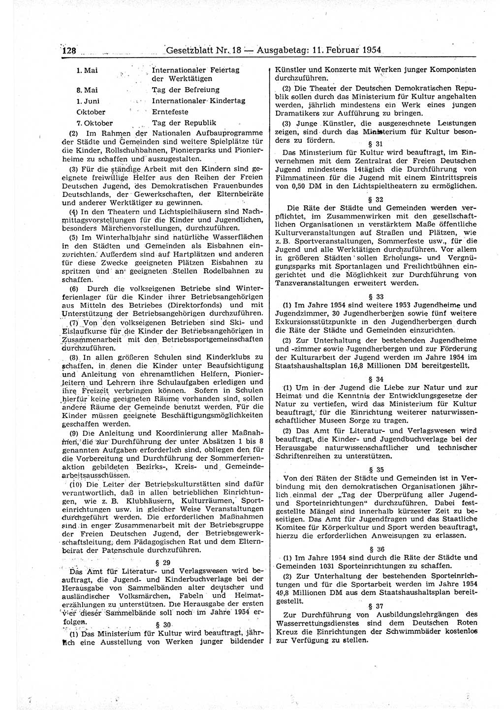Gesetzblatt (GBl.) der Deutschen Demokratischen Republik (DDR) 1954, Seite 128 (GBl. DDR 1954, S. 128)