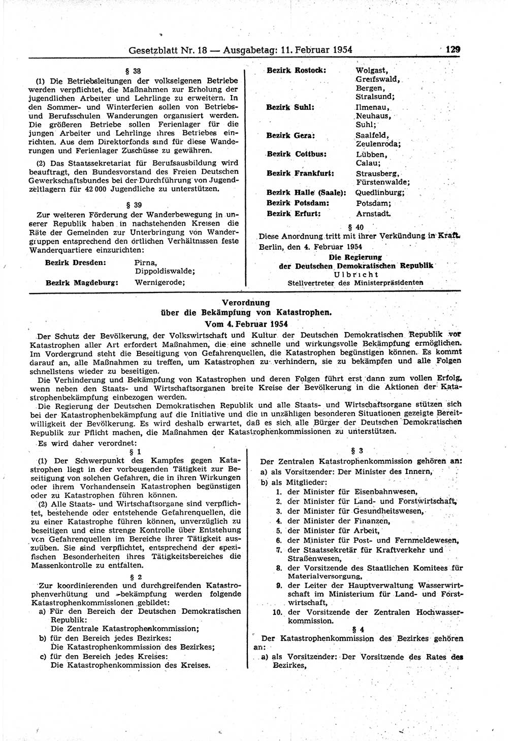 Gesetzblatt (GBl.) der Deutschen Demokratischen Republik (DDR) 1954, Seite 129 (GBl. DDR 1954, S. 129)