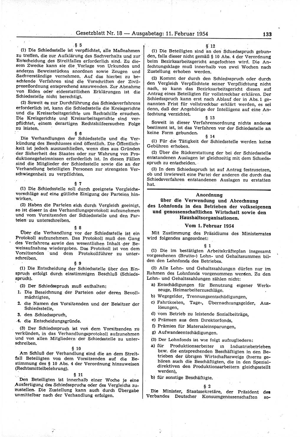 Gesetzblatt (GBl.) der Deutschen Demokratischen Republik (DDR) 1954, Seite 133 (GBl. DDR 1954, S. 133)
