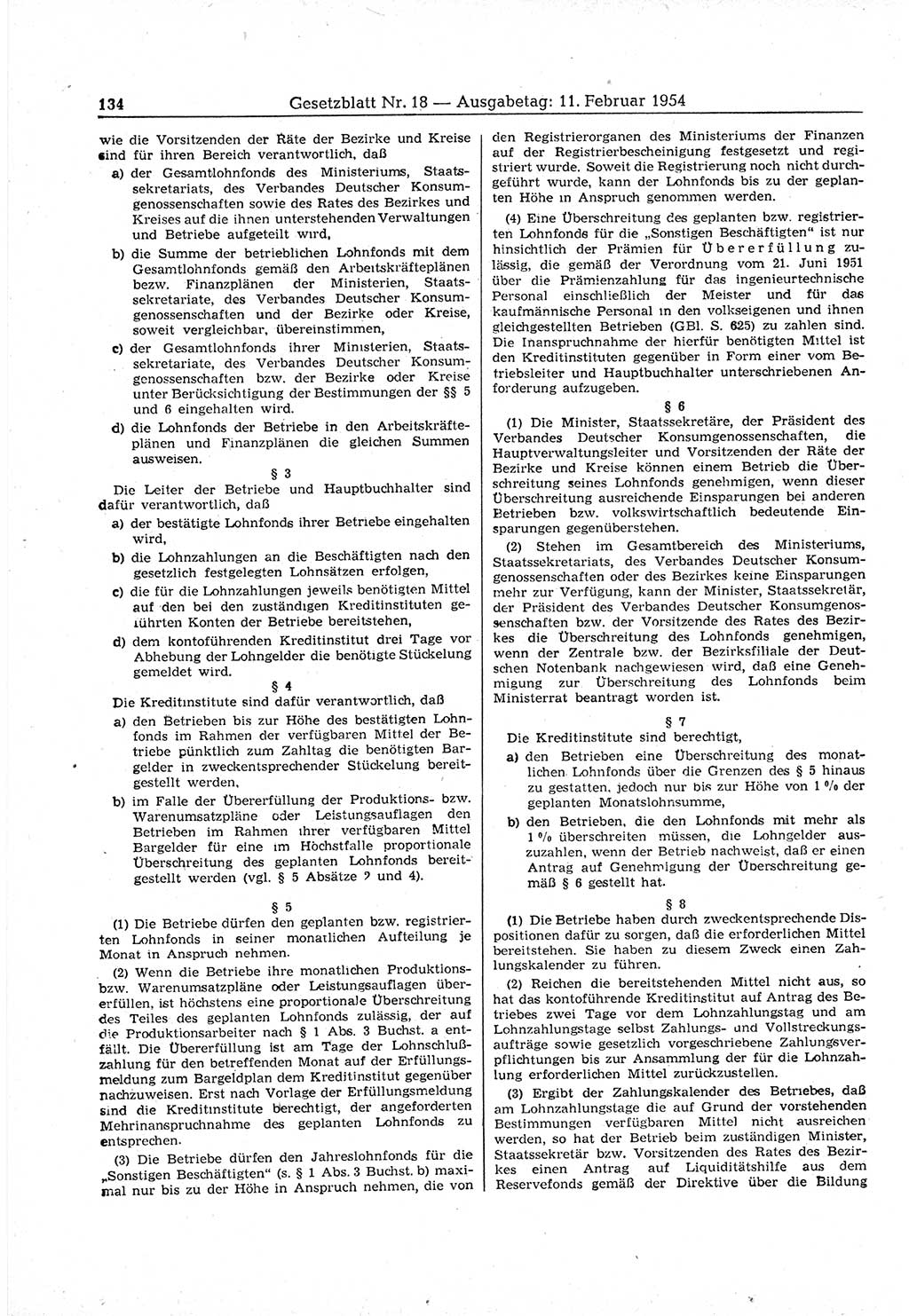 Gesetzblatt (GBl.) der Deutschen Demokratischen Republik (DDR) 1954, Seite 134 (GBl. DDR 1954, S. 134)