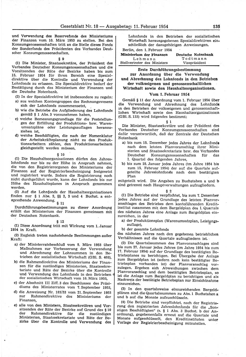 Gesetzblatt (GBl.) der Deutschen Demokratischen Republik (DDR) 1954, Seite 135 (GBl. DDR 1954, S. 135)
