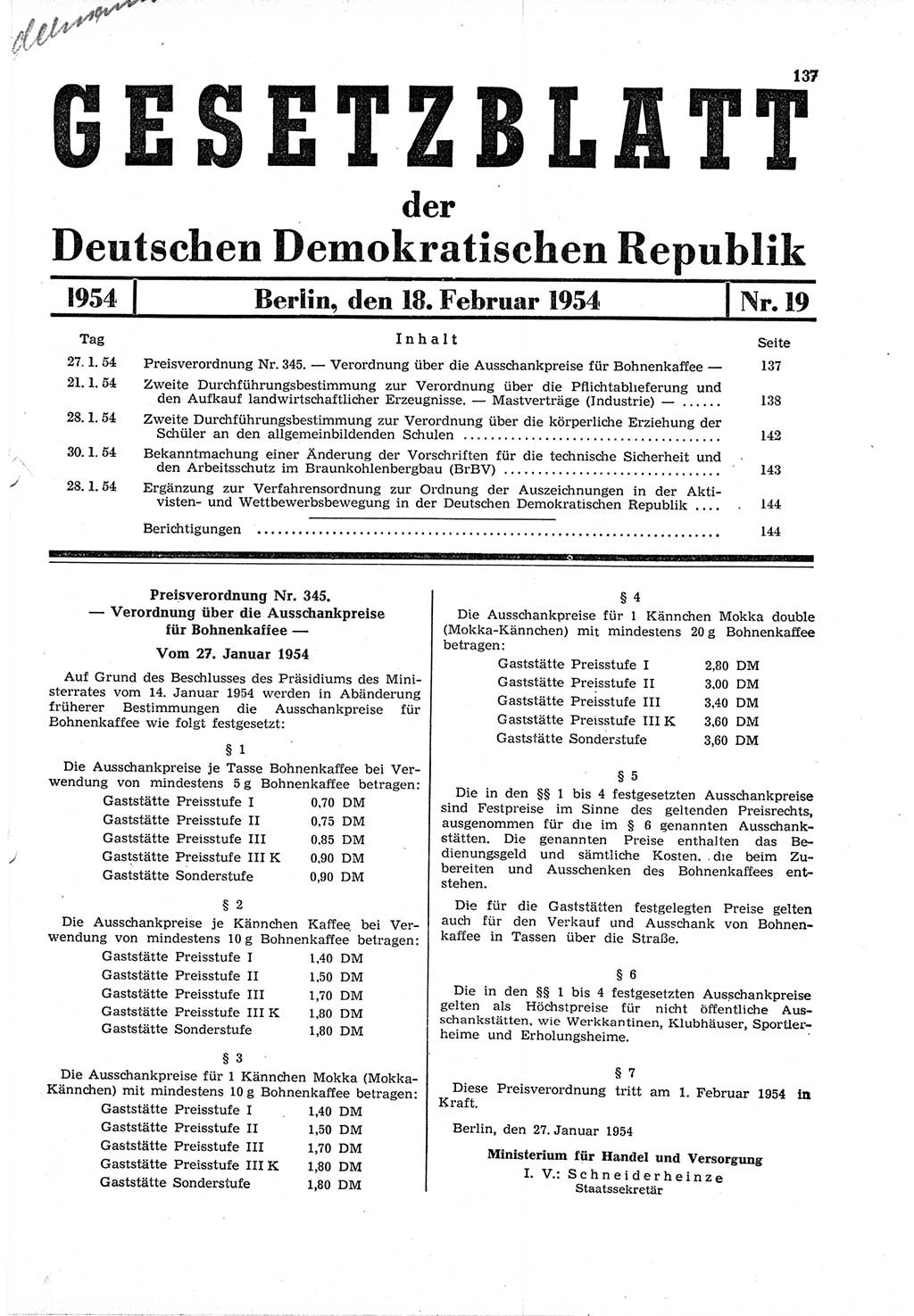 Gesetzblatt (GBl.) der Deutschen Demokratischen Republik (DDR) 1954, Seite 137 (GBl. DDR 1954, S. 137)