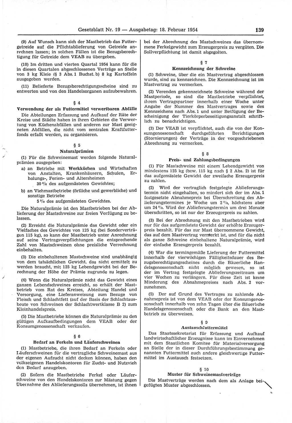 Gesetzblatt (GBl.) der Deutschen Demokratischen Republik (DDR) 1954, Seite 139 (GBl. DDR 1954, S. 139)