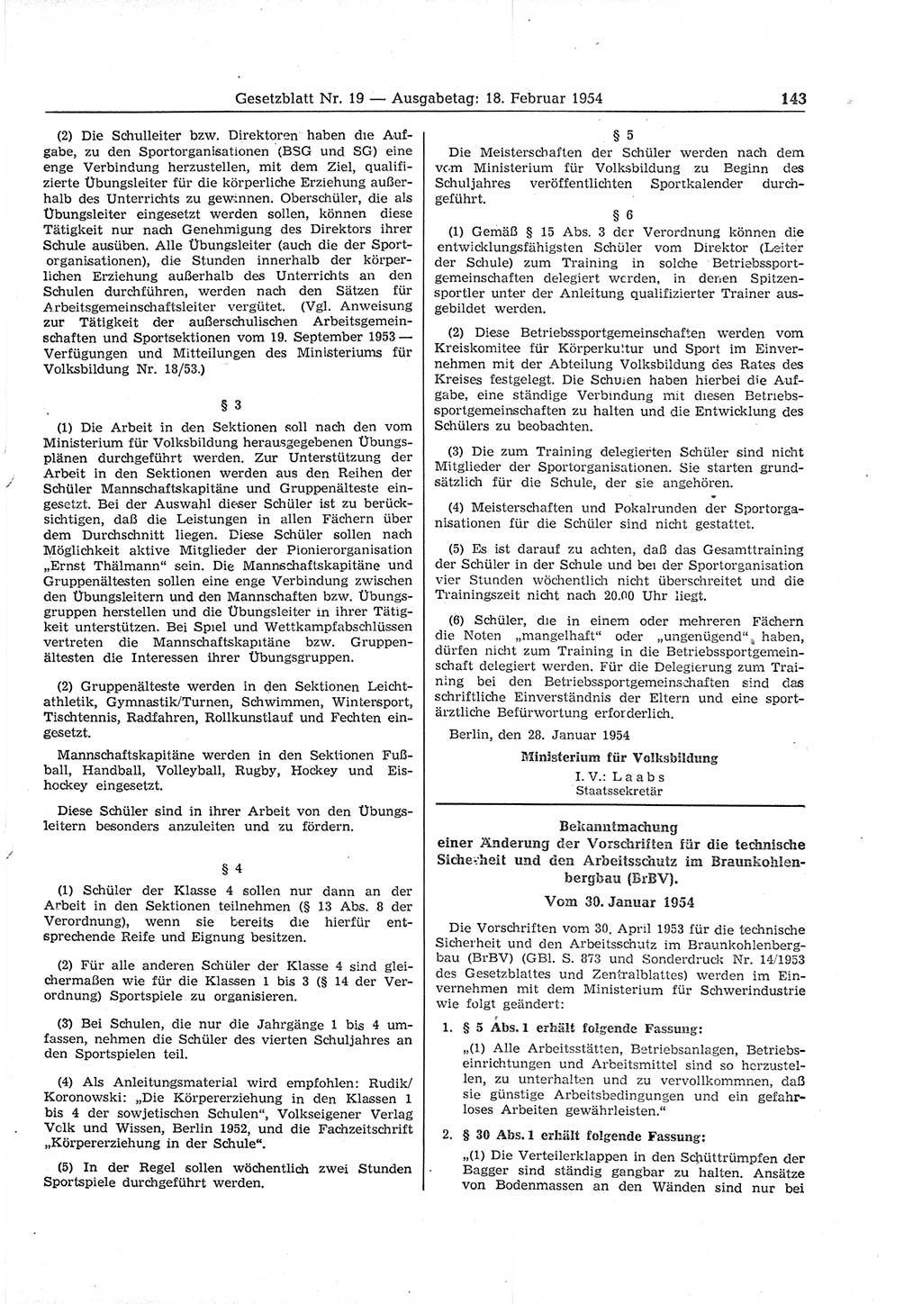 Gesetzblatt (GBl.) der Deutschen Demokratischen Republik (DDR) 1954, Seite 143 (GBl. DDR 1954, S. 143)