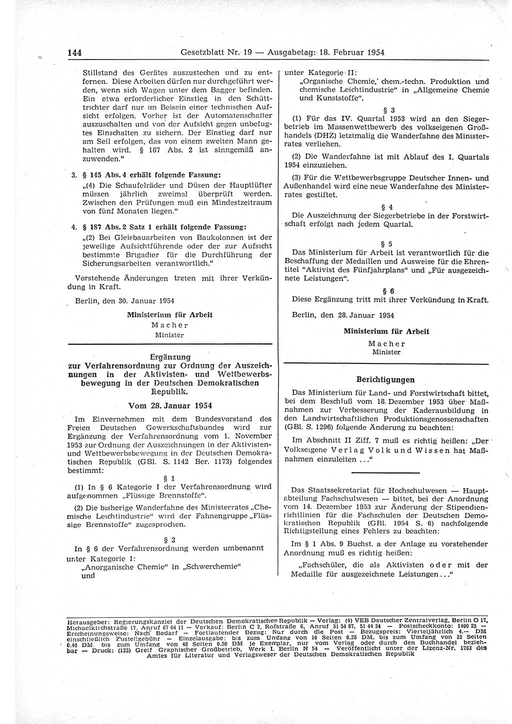 Gesetzblatt (GBl.) der Deutschen Demokratischen Republik (DDR) 1954, Seite 144 (GBl. DDR 1954, S. 144)