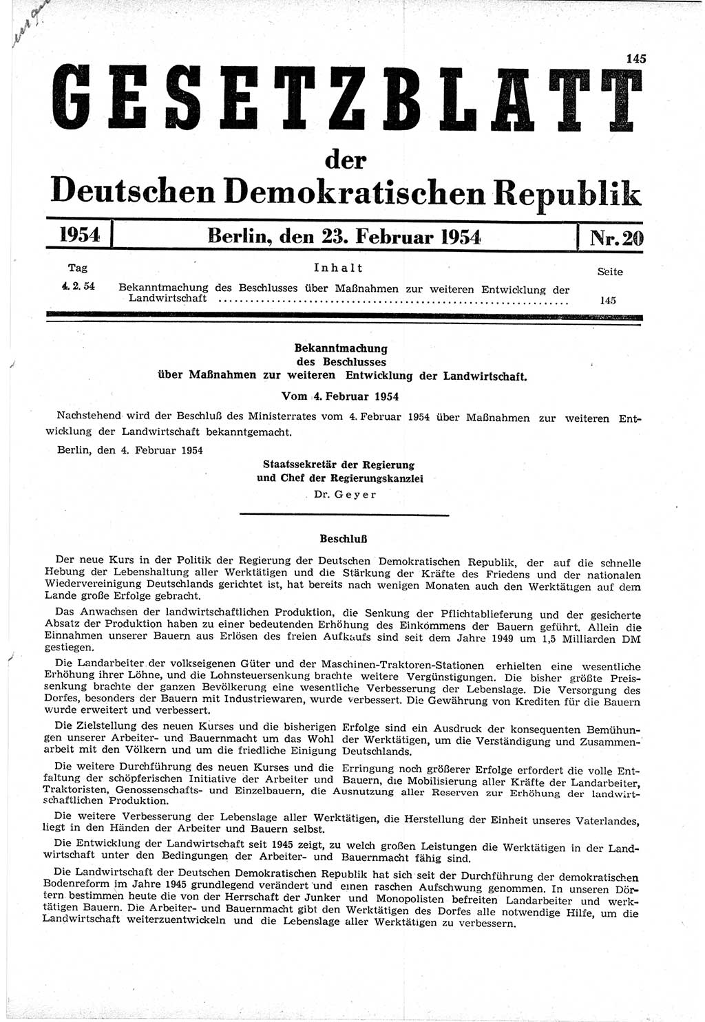 Gesetzblatt (GBl.) der Deutschen Demokratischen Republik (DDR) 1954, Seite 145 (GBl. DDR 1954, S. 145)