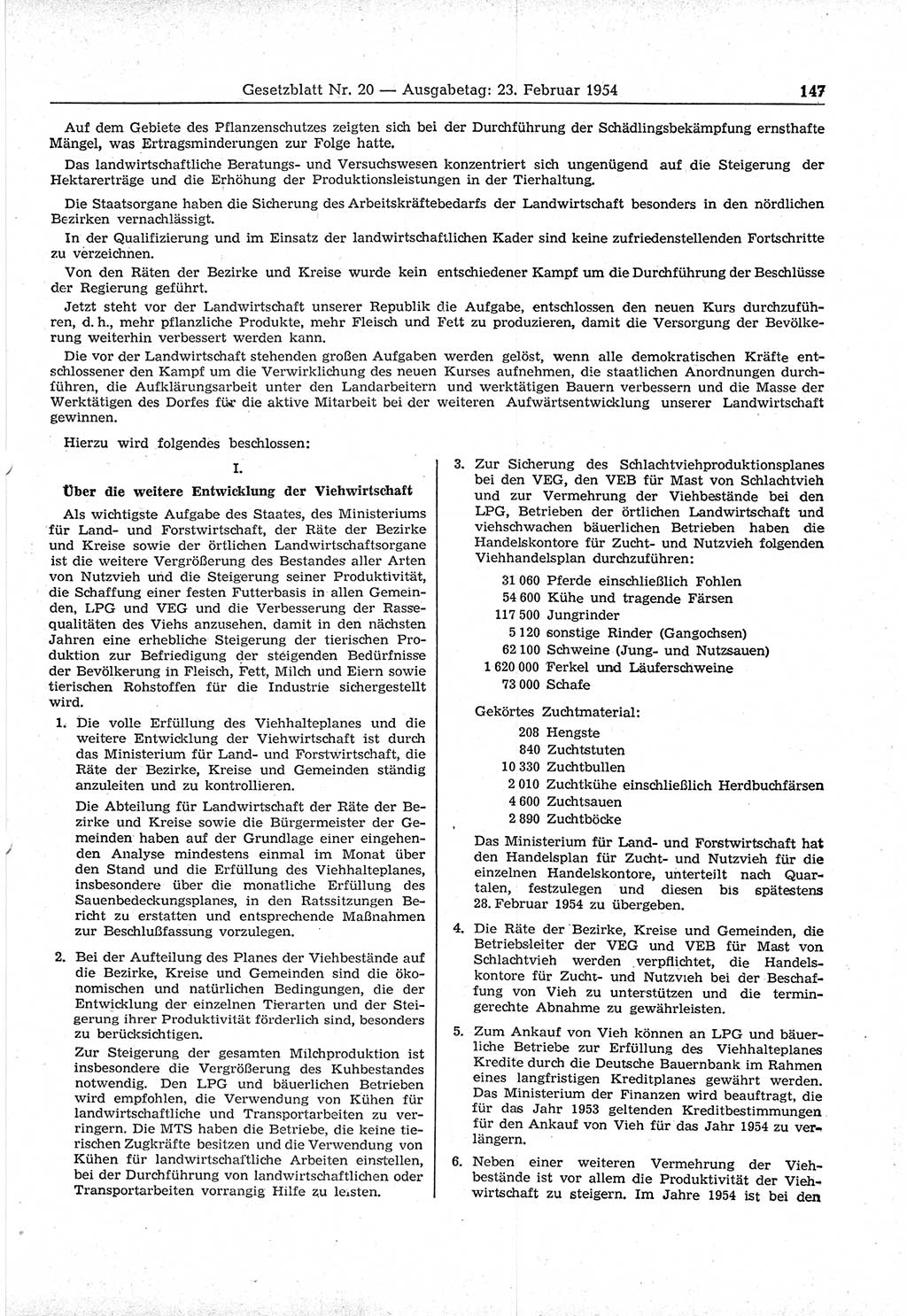 Gesetzblatt (GBl.) der Deutschen Demokratischen Republik (DDR) 1954, Seite 147 (GBl. DDR 1954, S. 147)