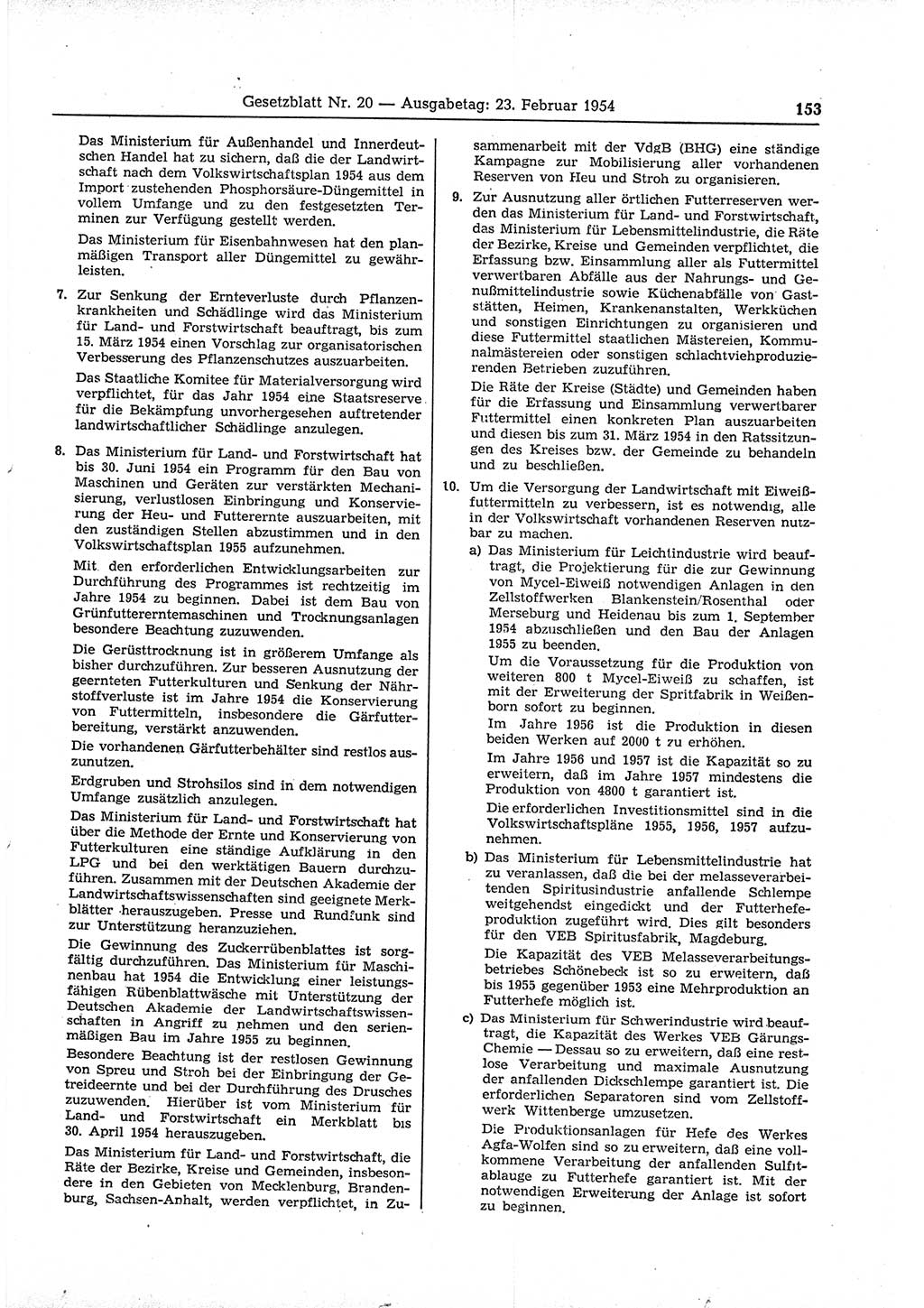 Gesetzblatt (GBl.) der Deutschen Demokratischen Republik (DDR) 1954, Seite 153 (GBl. DDR 1954, S. 153)