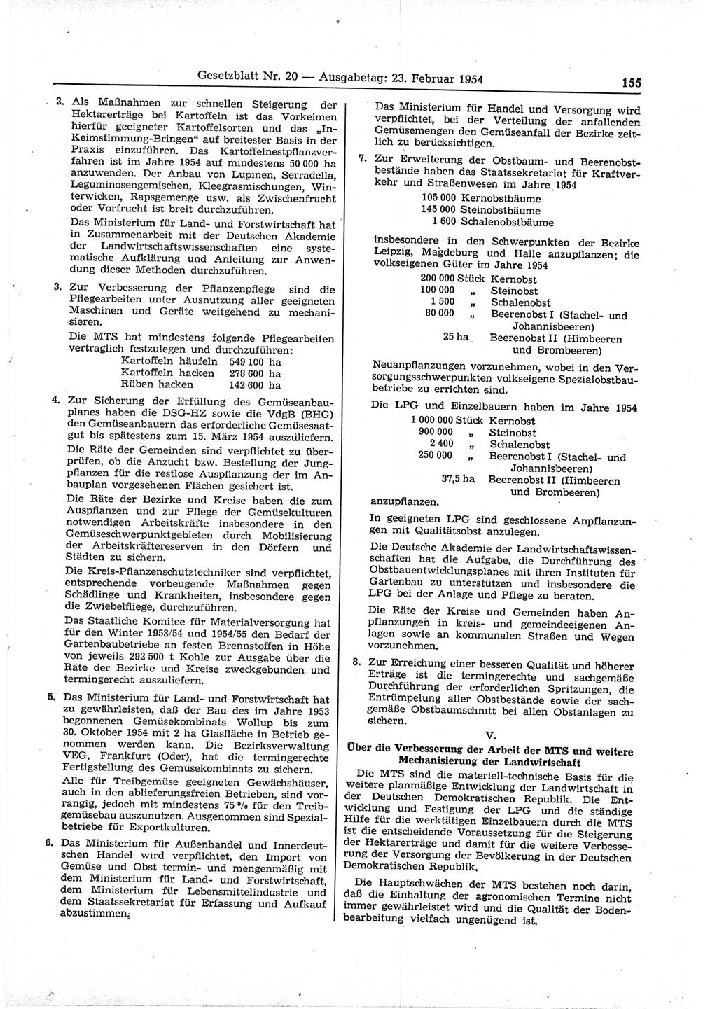 Gesetzblatt (GBl.) der Deutschen Demokratischen Republik (DDR) 1954, Seite 155 (GBl. DDR 1954, S. 155)