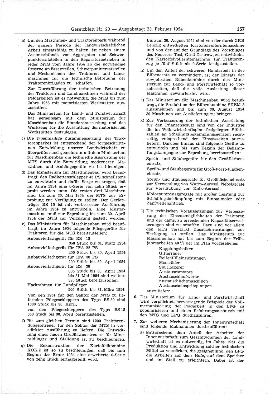 Gesetzblatt (GBl.) der Deutschen Demokratischen Republik (DDR) 1954, Seite 157 (GBl. DDR 1954, S. 157)