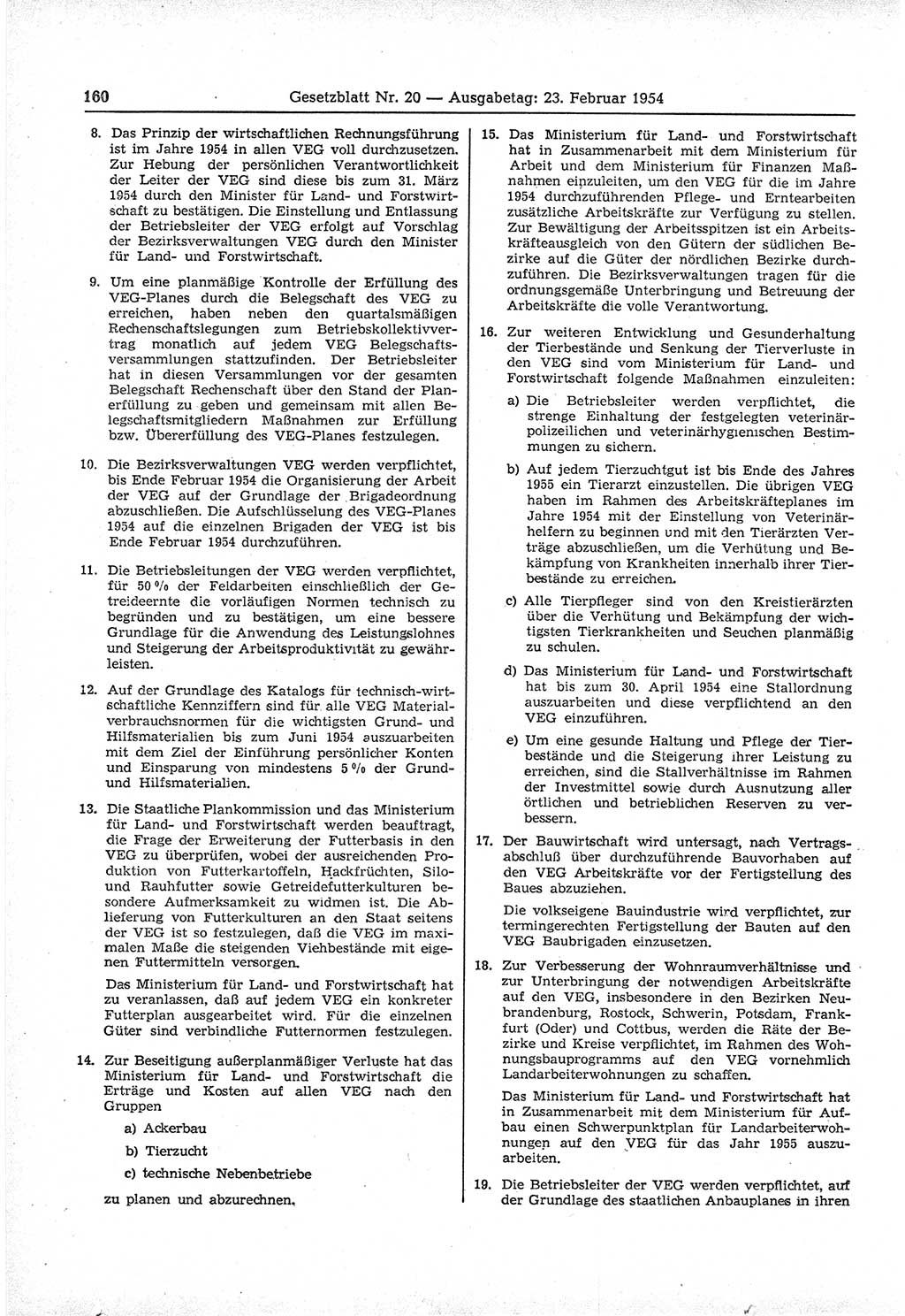 Gesetzblatt (GBl.) der Deutschen Demokratischen Republik (DDR) 1954, Seite 160 (GBl. DDR 1954, S. 160)