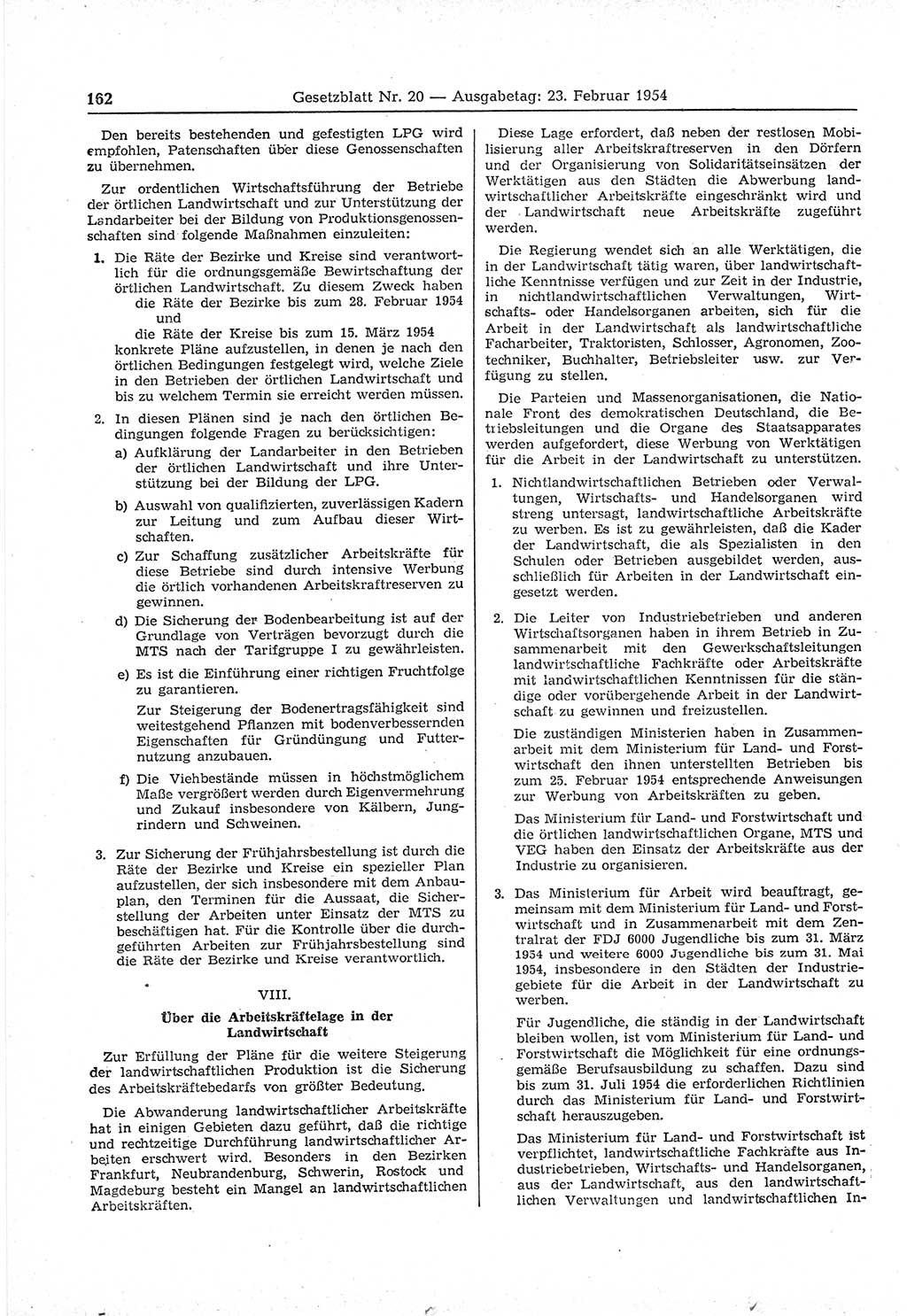Gesetzblatt (GBl.) der Deutschen Demokratischen Republik (DDR) 1954, Seite 162 (GBl. DDR 1954, S. 162)