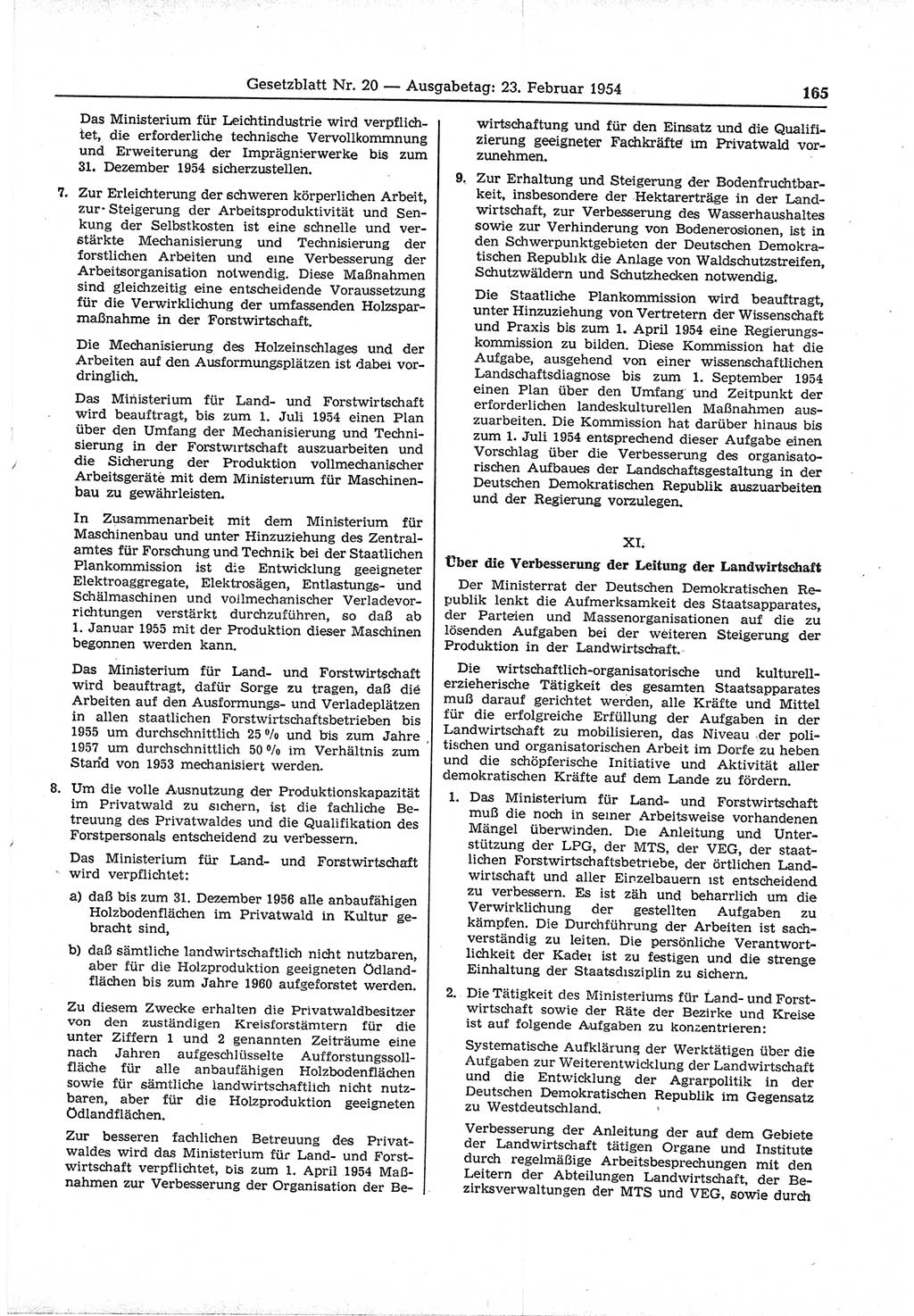 Gesetzblatt (GBl.) der Deutschen Demokratischen Republik (DDR) 1954, Seite 165 (GBl. DDR 1954, S. 165)