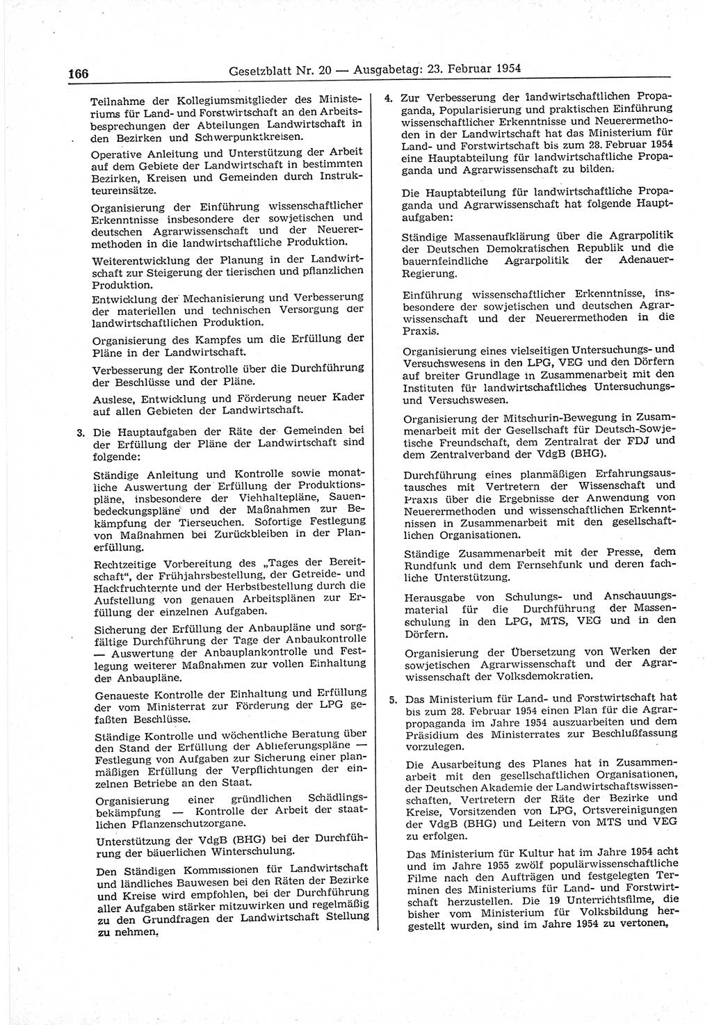 Gesetzblatt (GBl.) der Deutschen Demokratischen Republik (DDR) 1954, Seite 166 (GBl. DDR 1954, S. 166)