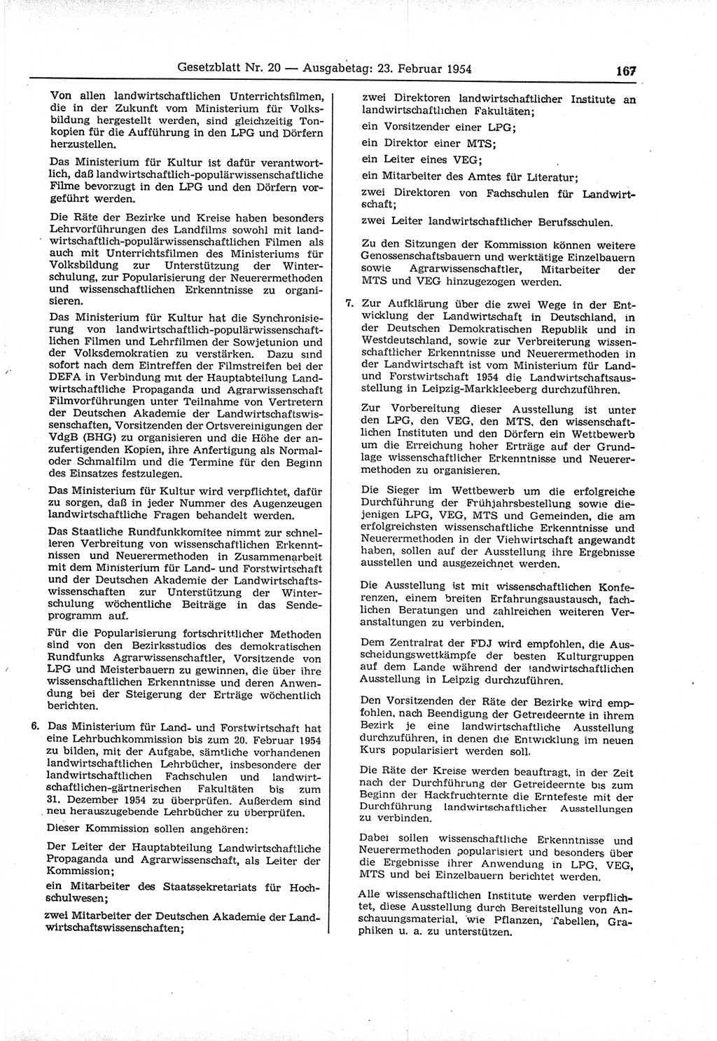 Gesetzblatt (GBl.) der Deutschen Demokratischen Republik (DDR) 1954, Seite 167 (GBl. DDR 1954, S. 167)