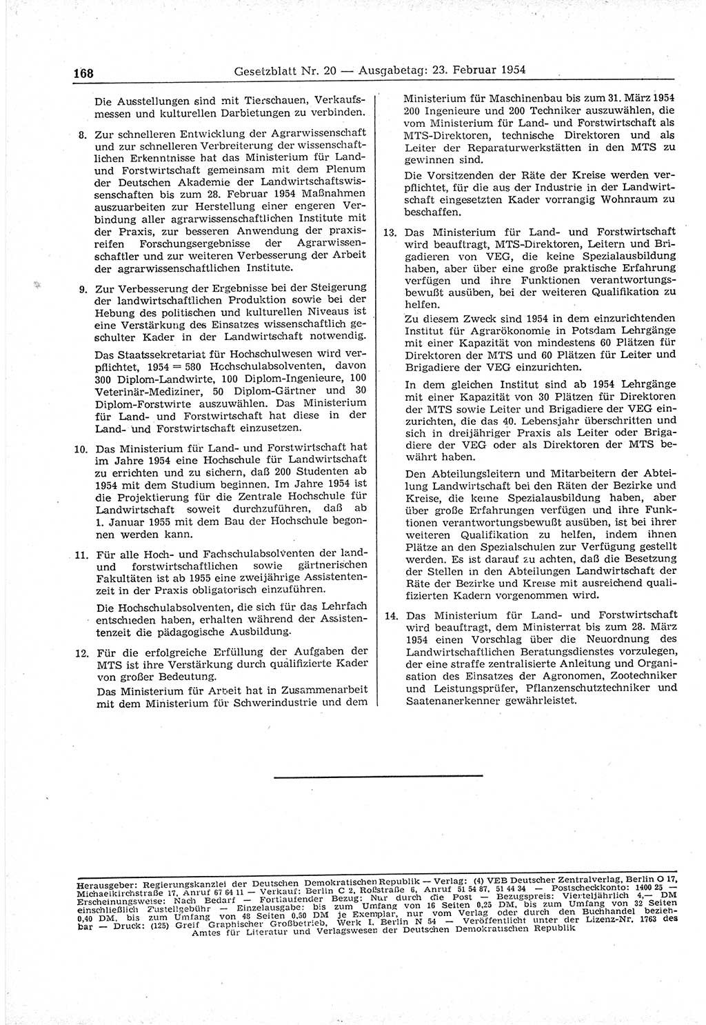 Gesetzblatt (GBl.) der Deutschen Demokratischen Republik (DDR) 1954, Seite 168 (GBl. DDR 1954, S. 168)
